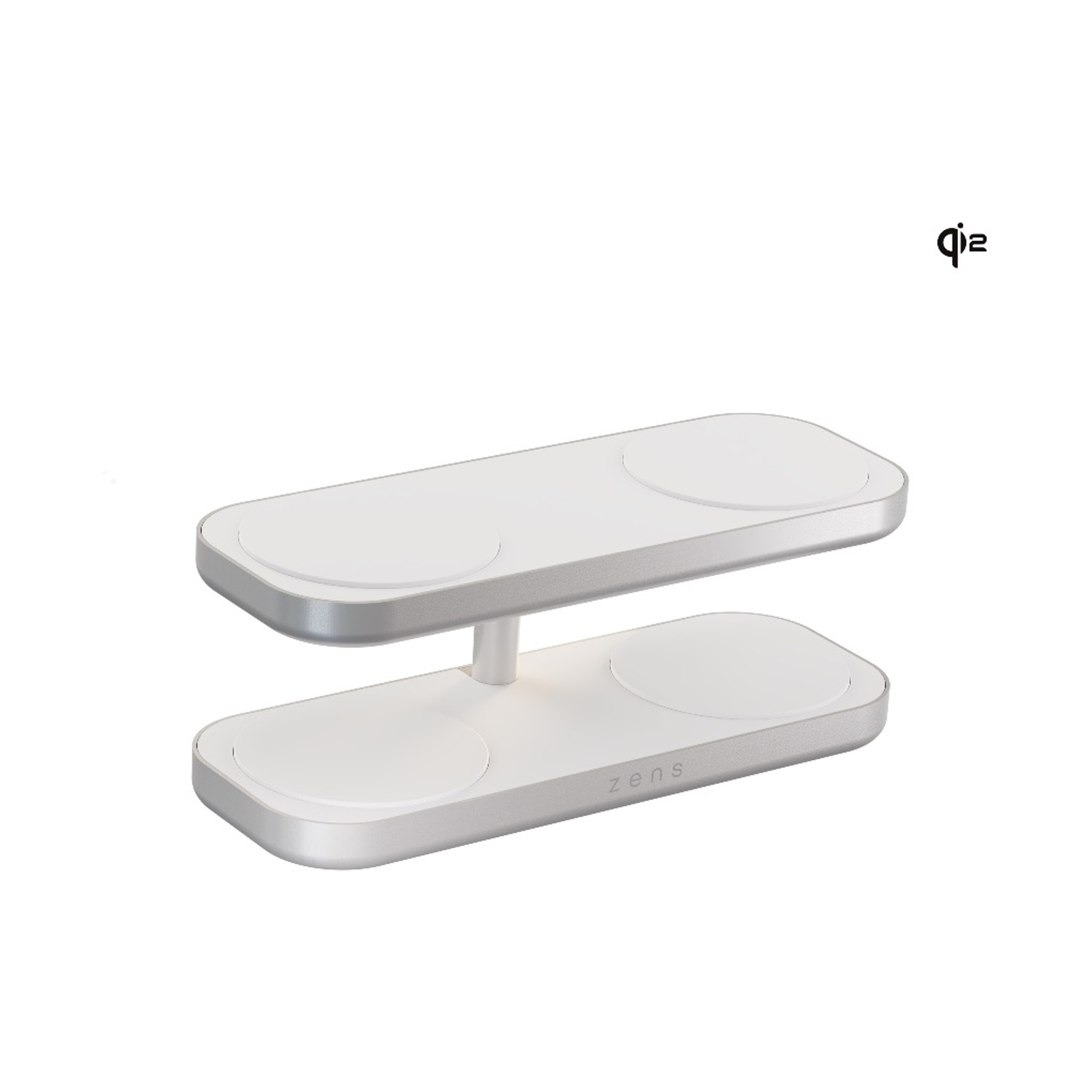 Un caricabatterie wireless bianco a due livelli su sfondo bianco.