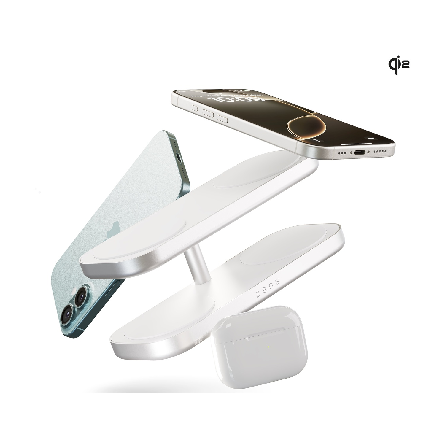 Un supporto di ricarica bianco con due iPhone e una custodia AirPod.