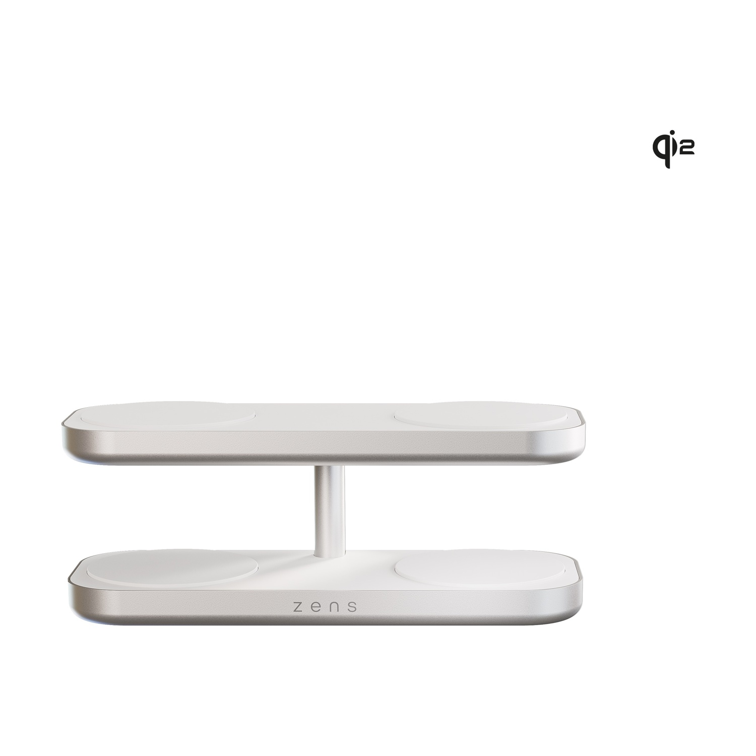 Un caricatore wireless bianco a due livelli con accenti argentati e logo Qi.