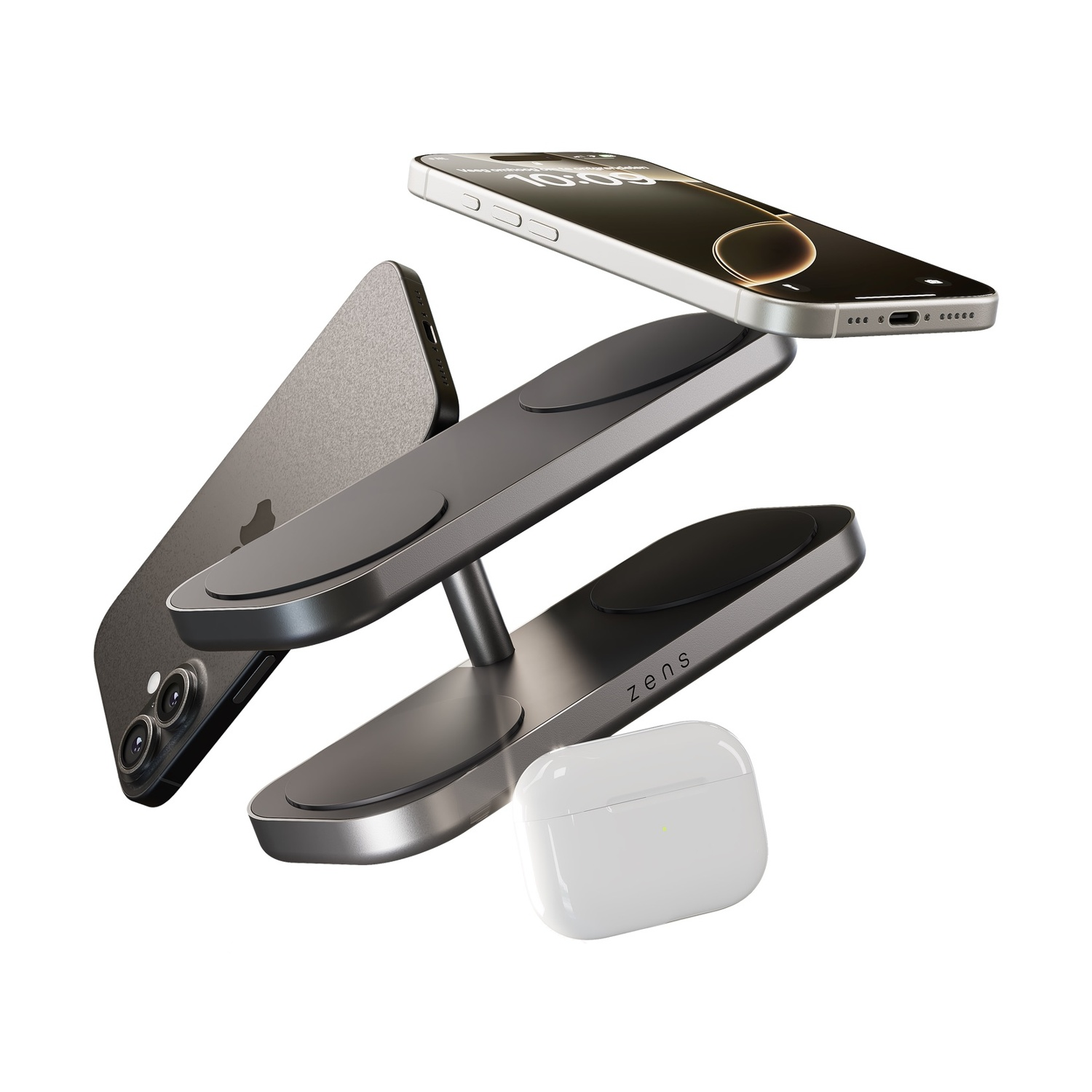 Un iPhone argento, un iPhone scuro e una custodia di ricarica bianca fluttuano.