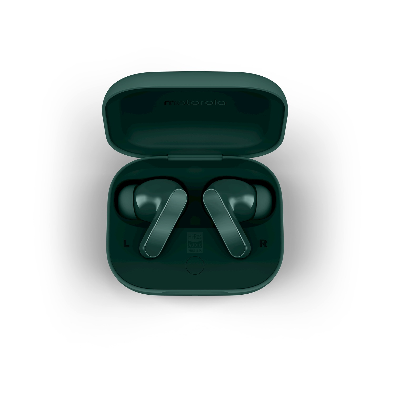 Auricolari Motorola verdi scuro in custodia di ricarica aperta con logo Hi-Res Audio.