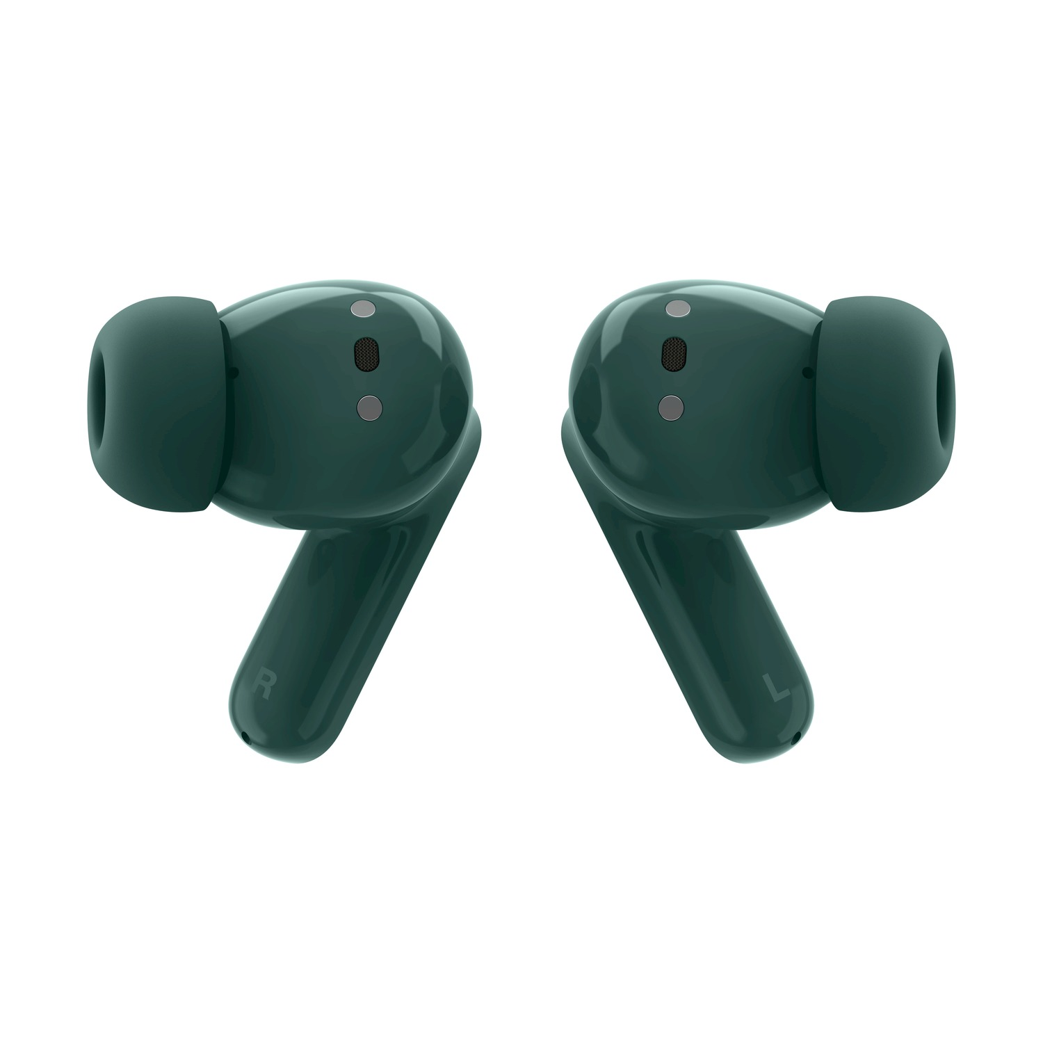 Due auricolari wireless verdi con porte di ricarica e microfoni.