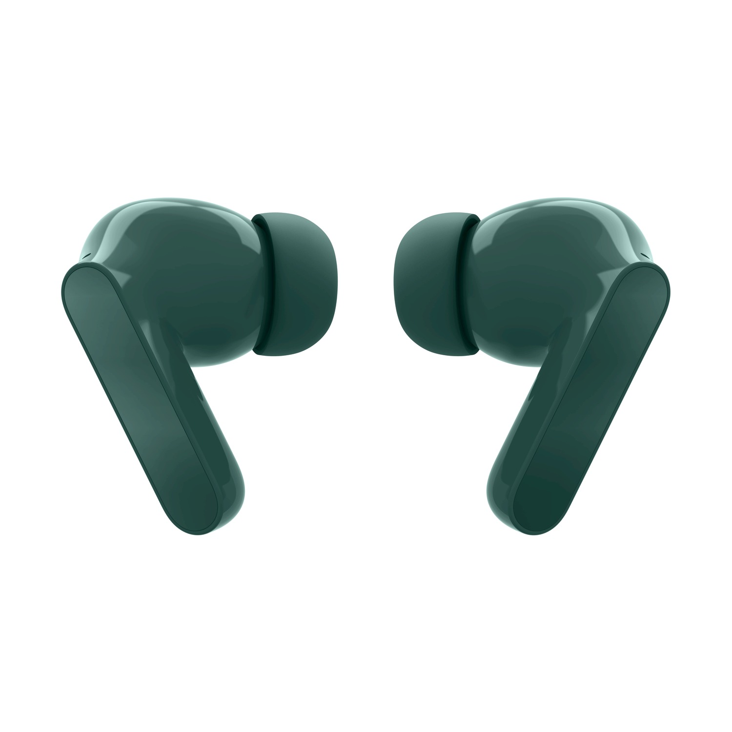 Due auricolari wireless verdi uno accanto all'altro su sfondo bianco.
