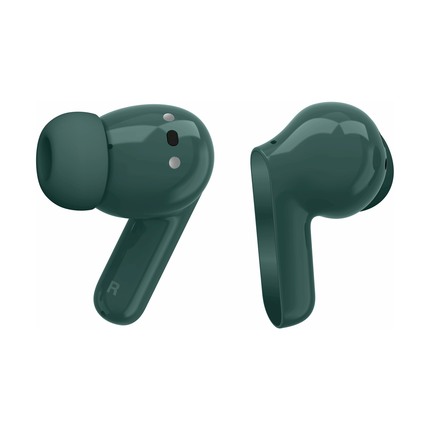 Due auricolari wireless verdi, uno marcato R, su sfondo bianco.