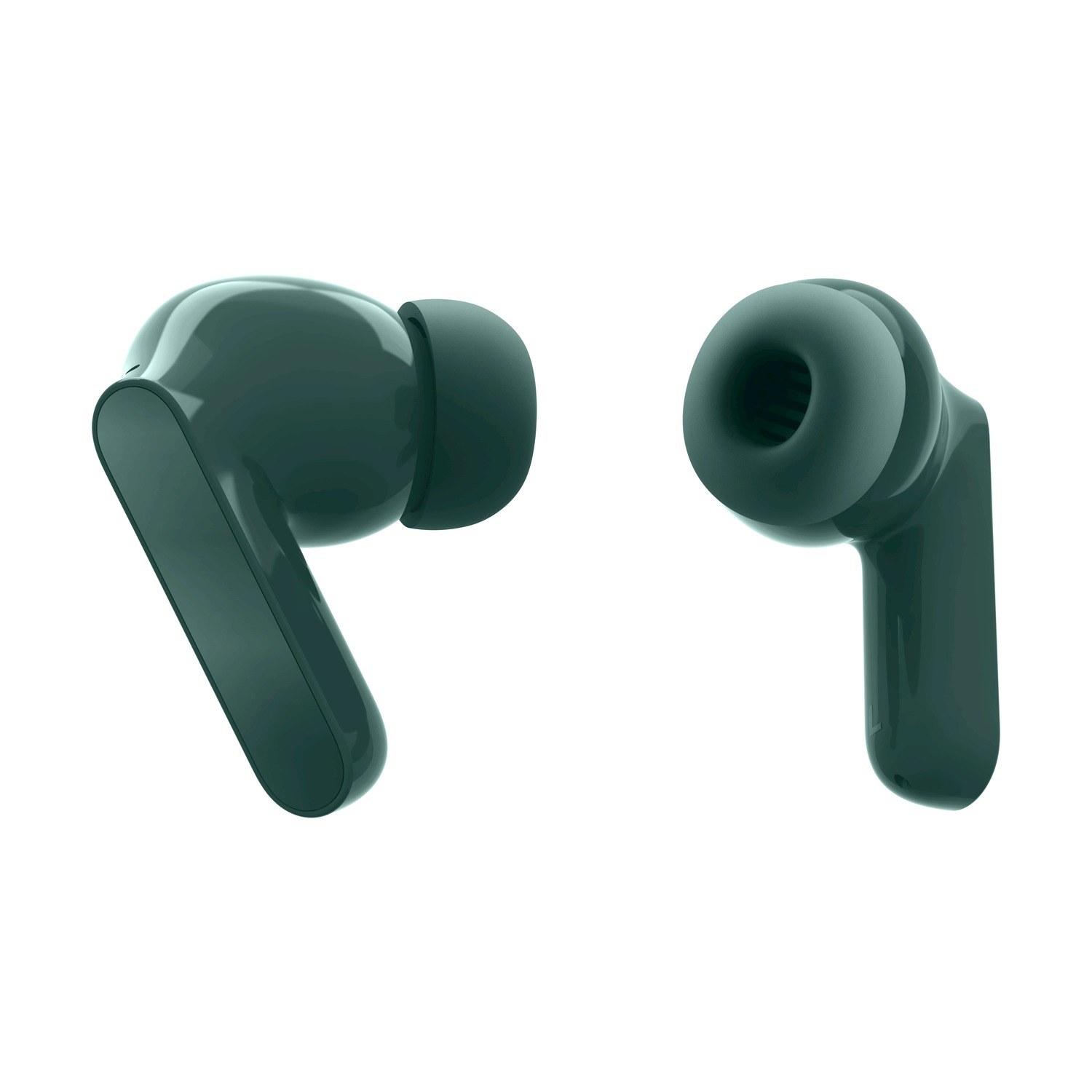 Due auricolari wireless verde acqua su sfondo bianco.
