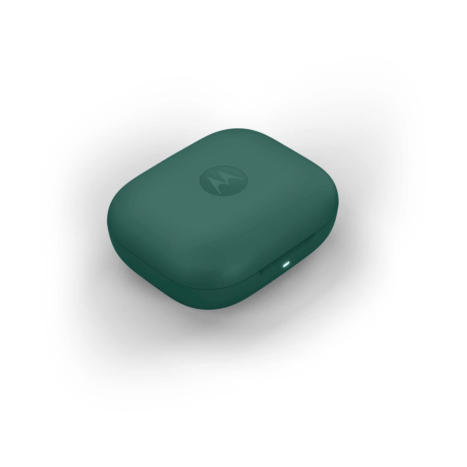 Custodia di ricarica Motorola chiusa, verde scuro, con logo. Una piccola luce è accesa.