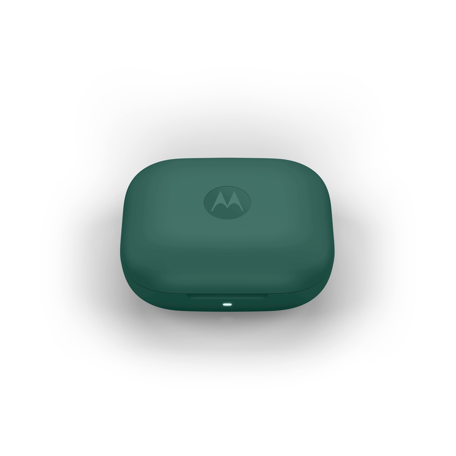 Una custodia di ricarica verde scuro per auricolari con logo Motorola.
