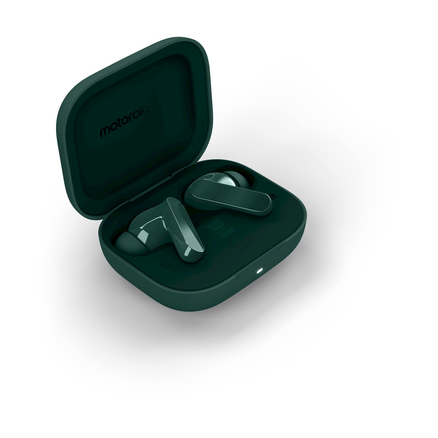 Auricolari Motorola verdi scuro in custodia di ricarica aperta.