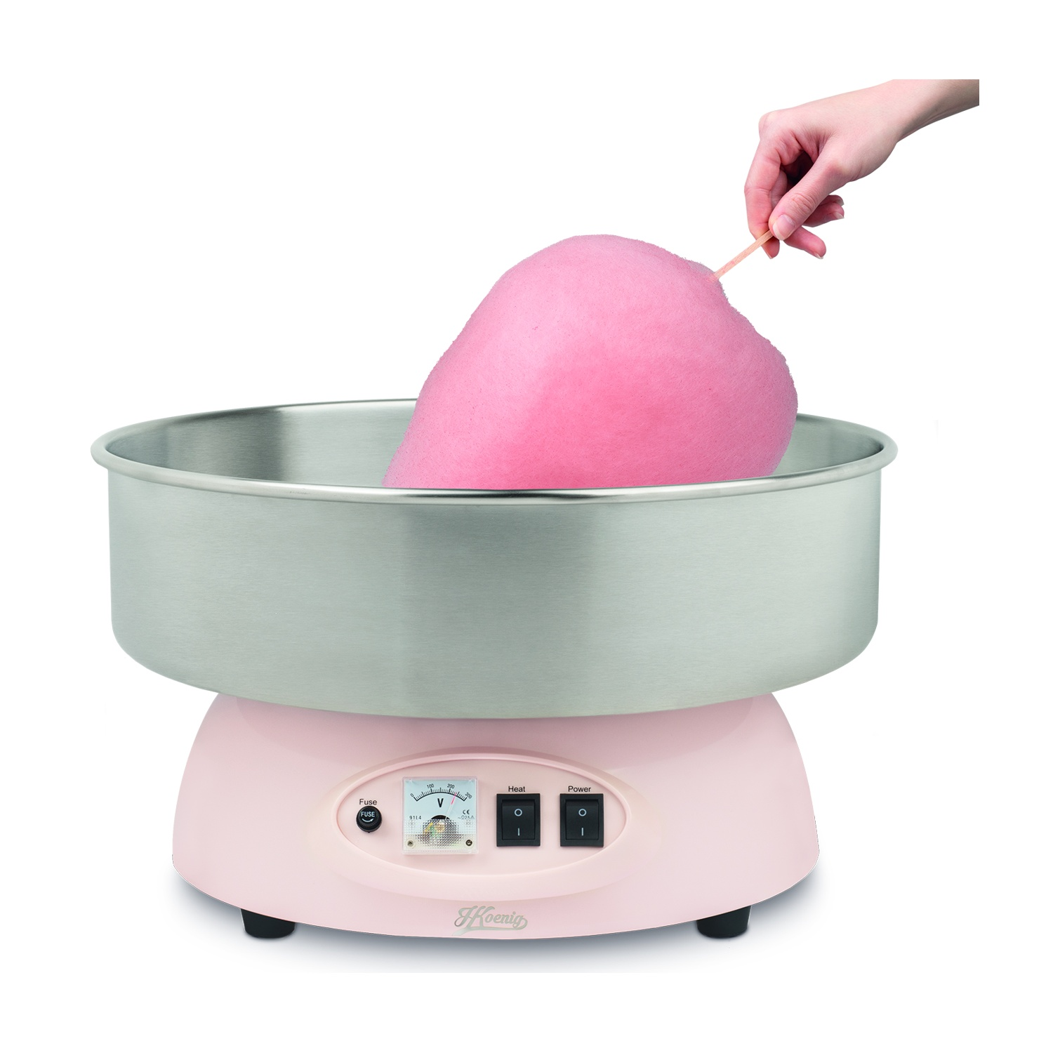 Una macchina per zucchero filato rosa con una mano che tiene un bastoncino.