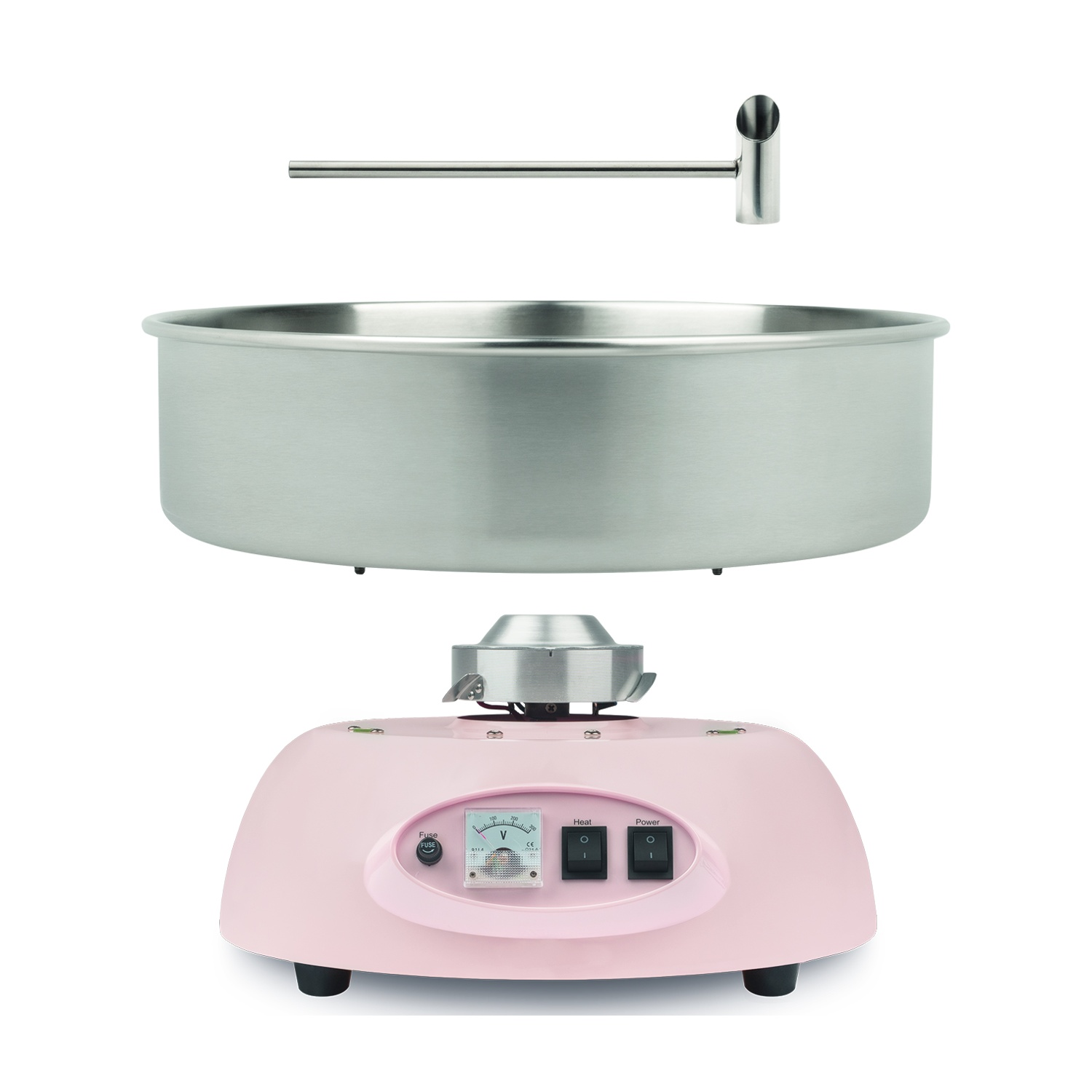 Una macchina per zucchero filato rosa con ciotola e attrezzo in acciaio inox.
