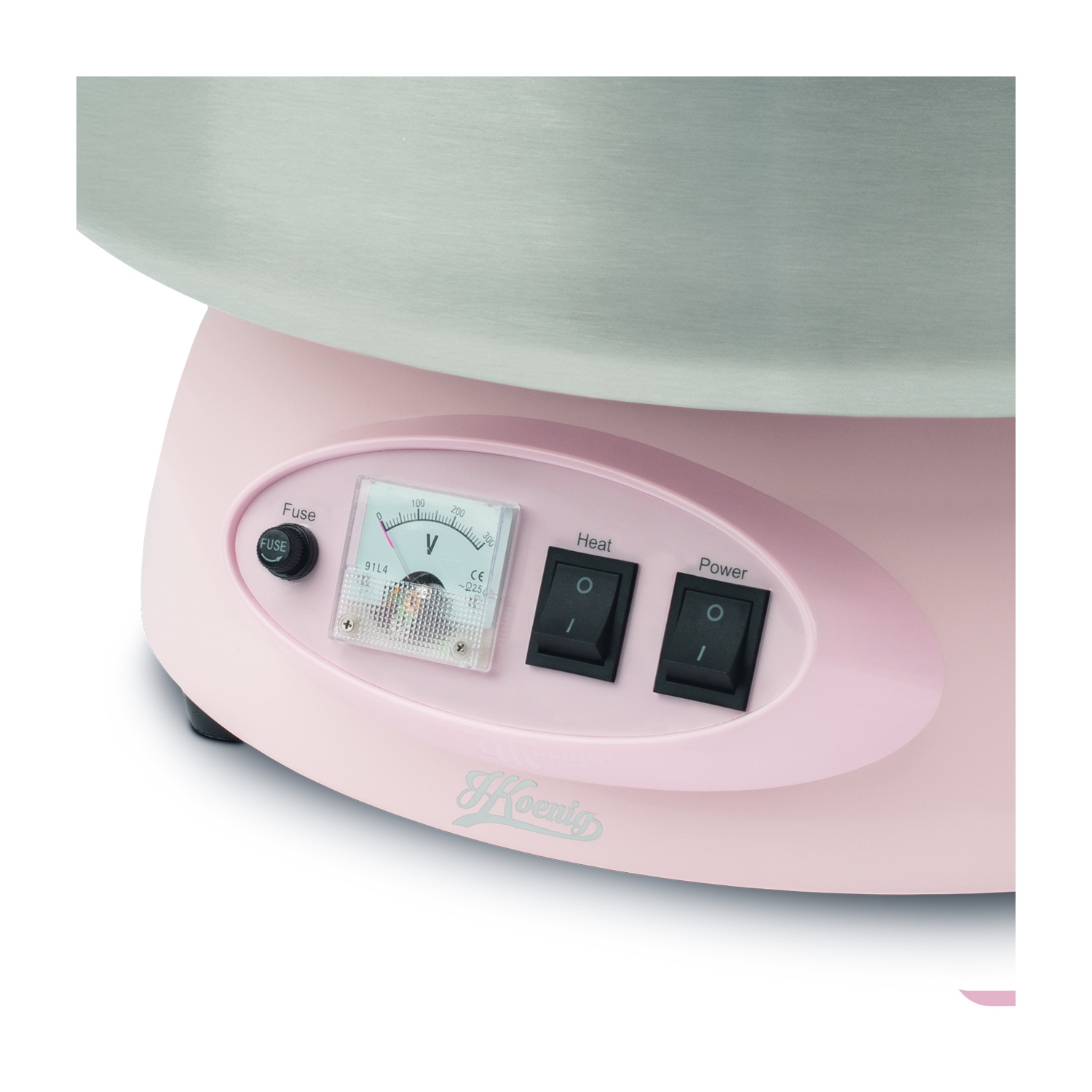 Una macchina per zucchero filato rosa con pannello di controllo: fusibile, voltmetro, interruttori calore e accensione.
