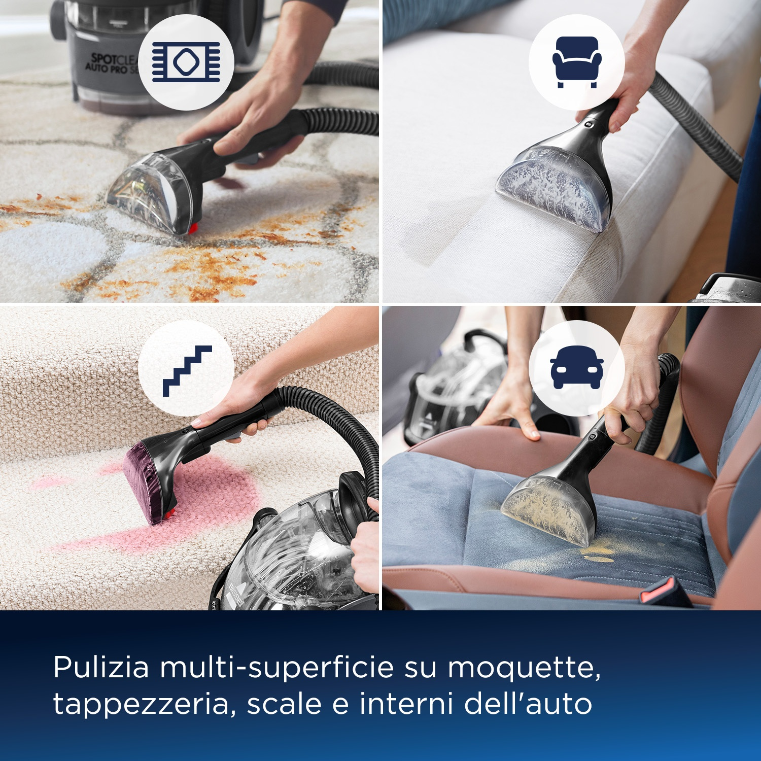Quattro immagini mostrano un pulitore per tappeti che pulisce tappeti, divani, scale e sedili auto.