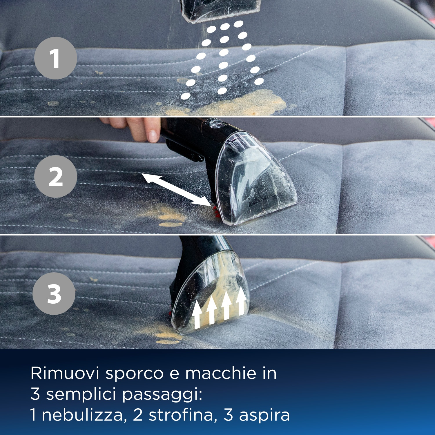 3 passaggi per rimuovere sporco e macchie: nebulizza, strofina, aspira.