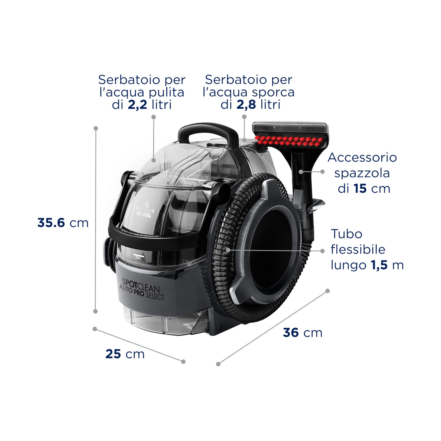 Un pulitore per tappeti nero con serbatoi trasparenti e accessori. Le dimensioni sono indicate.