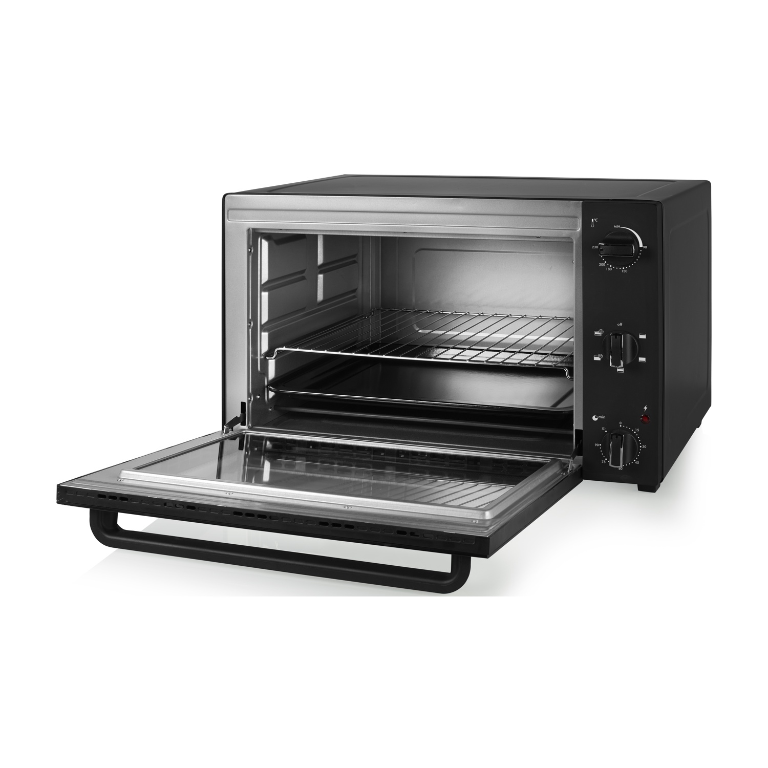 Un forno da banco nero con lo sportello aperto, che mostra griglia e teglia.