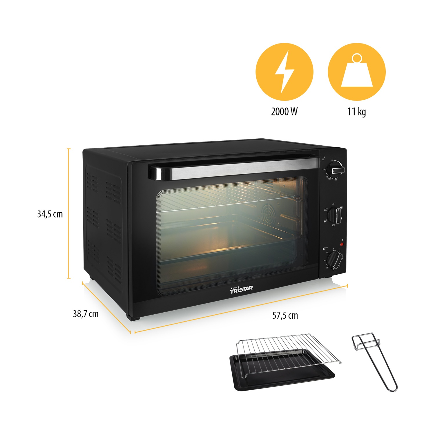 Forno Tristar nero con accessori e dimensioni: 2000W, 11kg, 34,5x38,7x57,5cm.