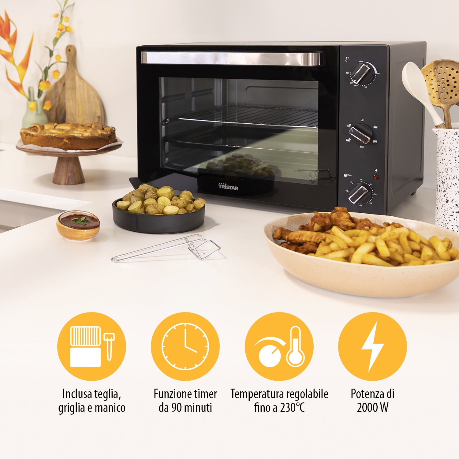 Un forno nero con cibo, accessori e icone per le funzioni.