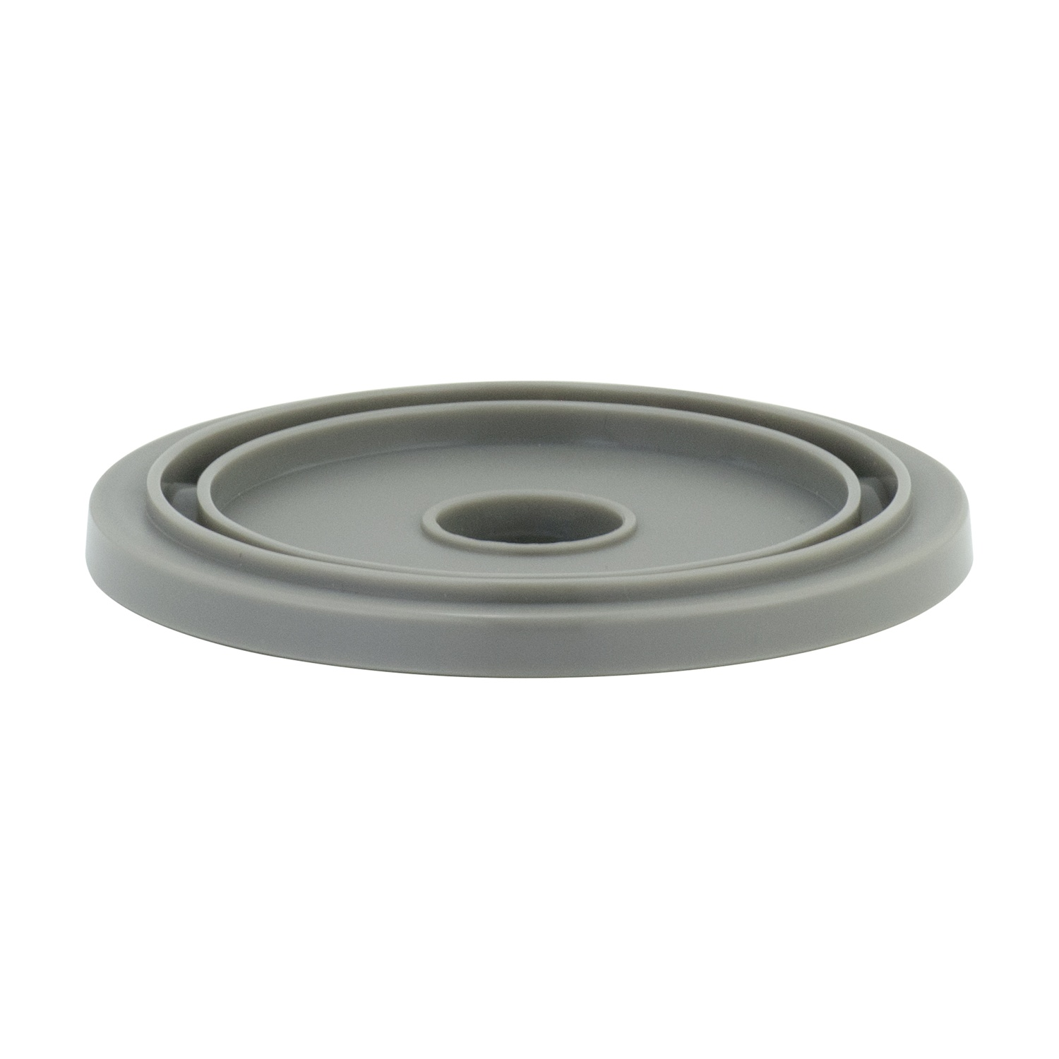 Coperchio circolare grigio con anelli concentrici e foro centrale.