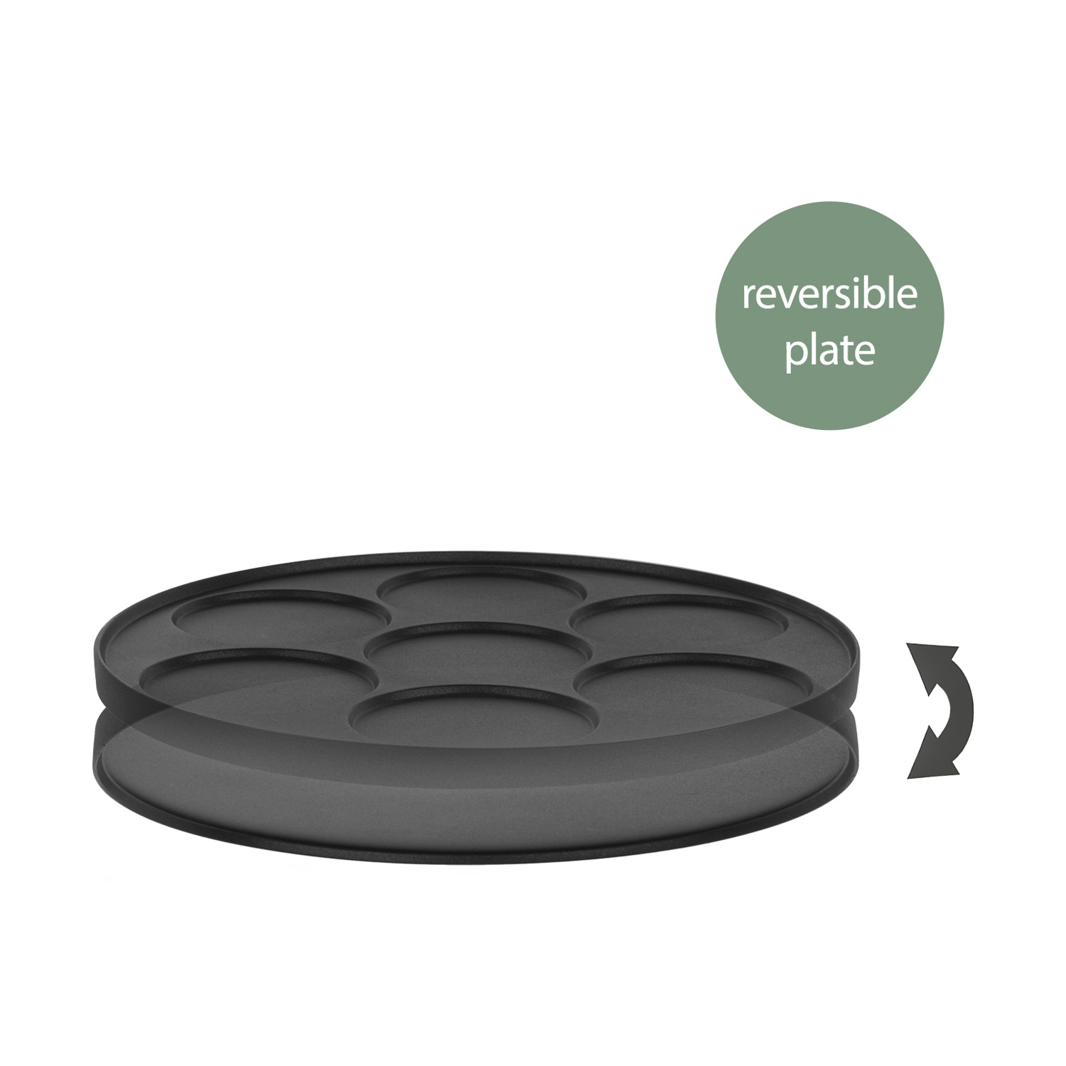 Una piastra per waffle rotonda e nera con sette rientranze e un simbolo di freccia.
