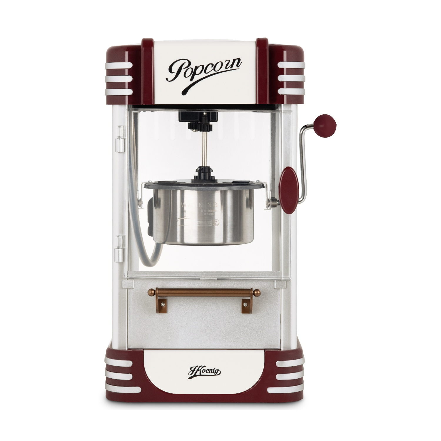 Macchina per popcorn retrò rossa e argento con finestra in vetro.