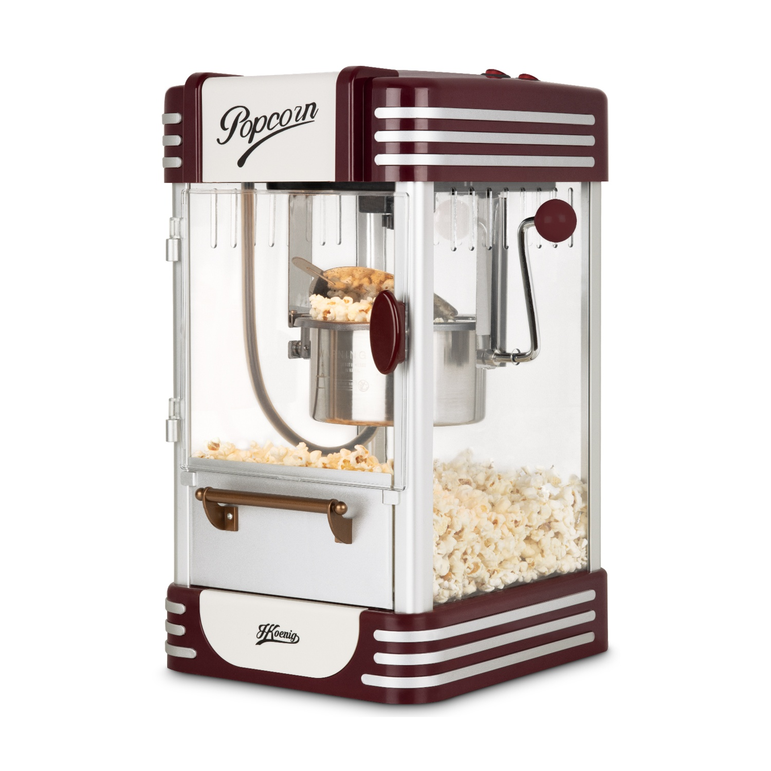 Macchina per popcorn rossa e argento con scritta "Popcorn".