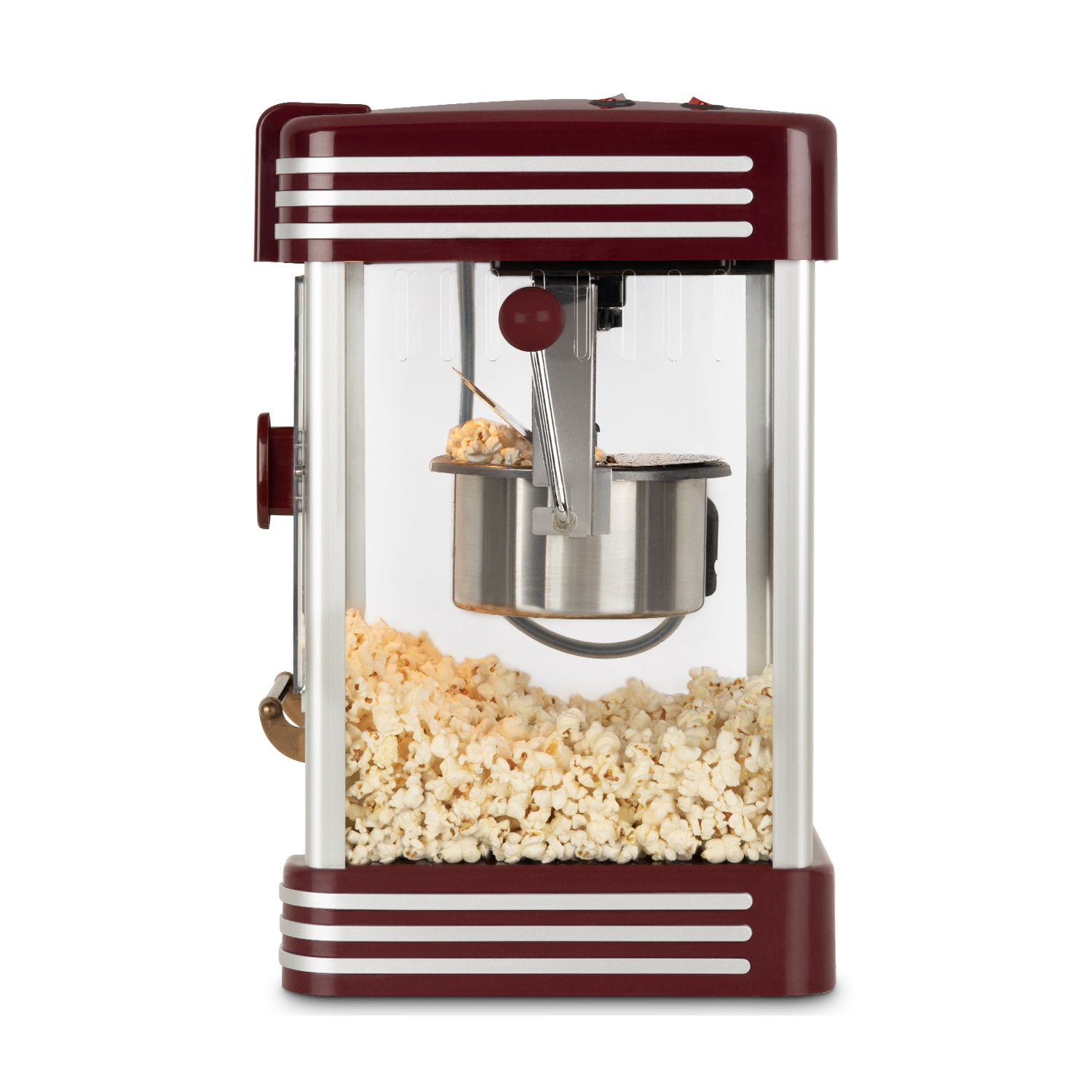 Una macchina per popcorn rossa con accenti argentati. I popcorn riempiono il fondo.