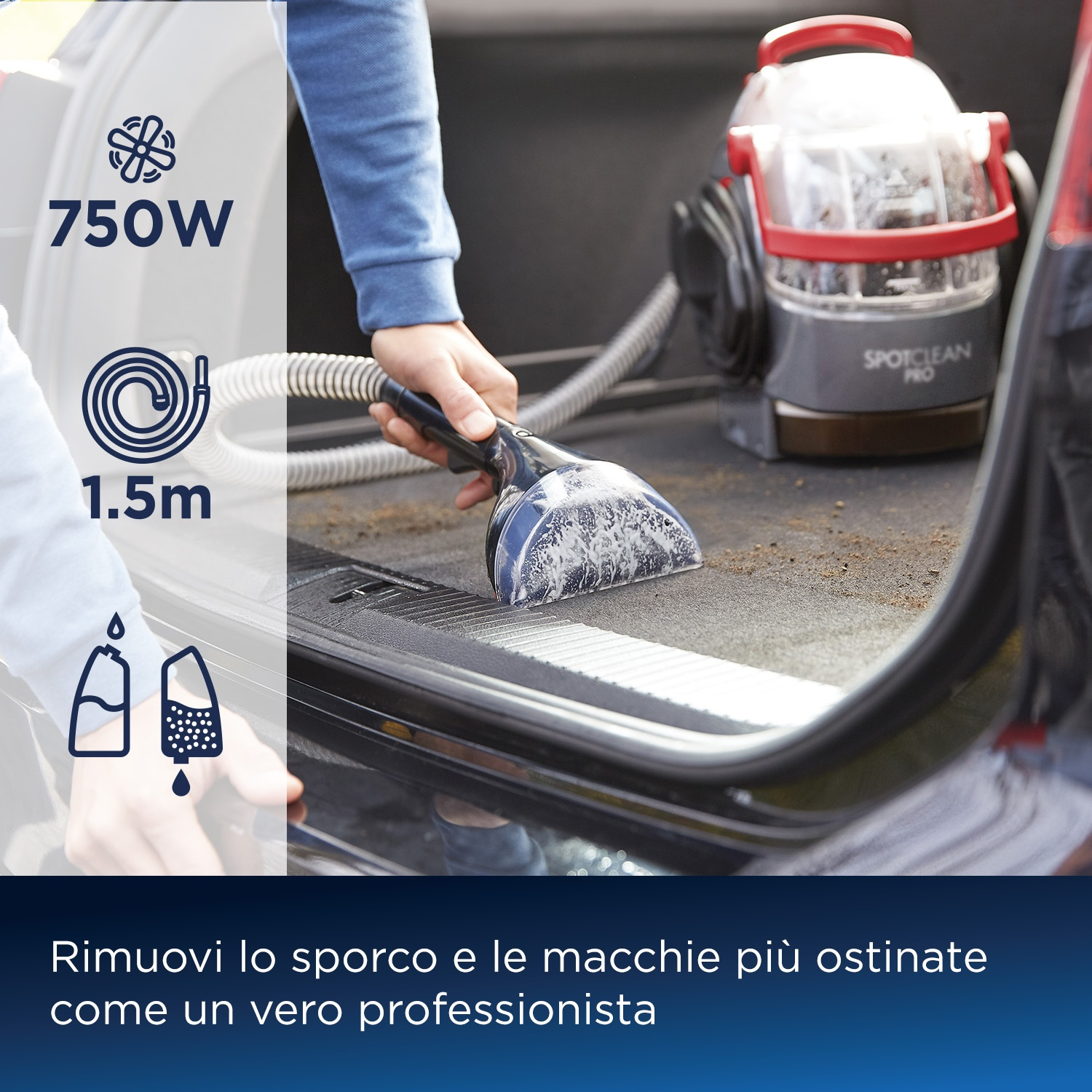 Un pulitore portatile da 750W con tubo da 1,5m pulisce tappezzeria auto.