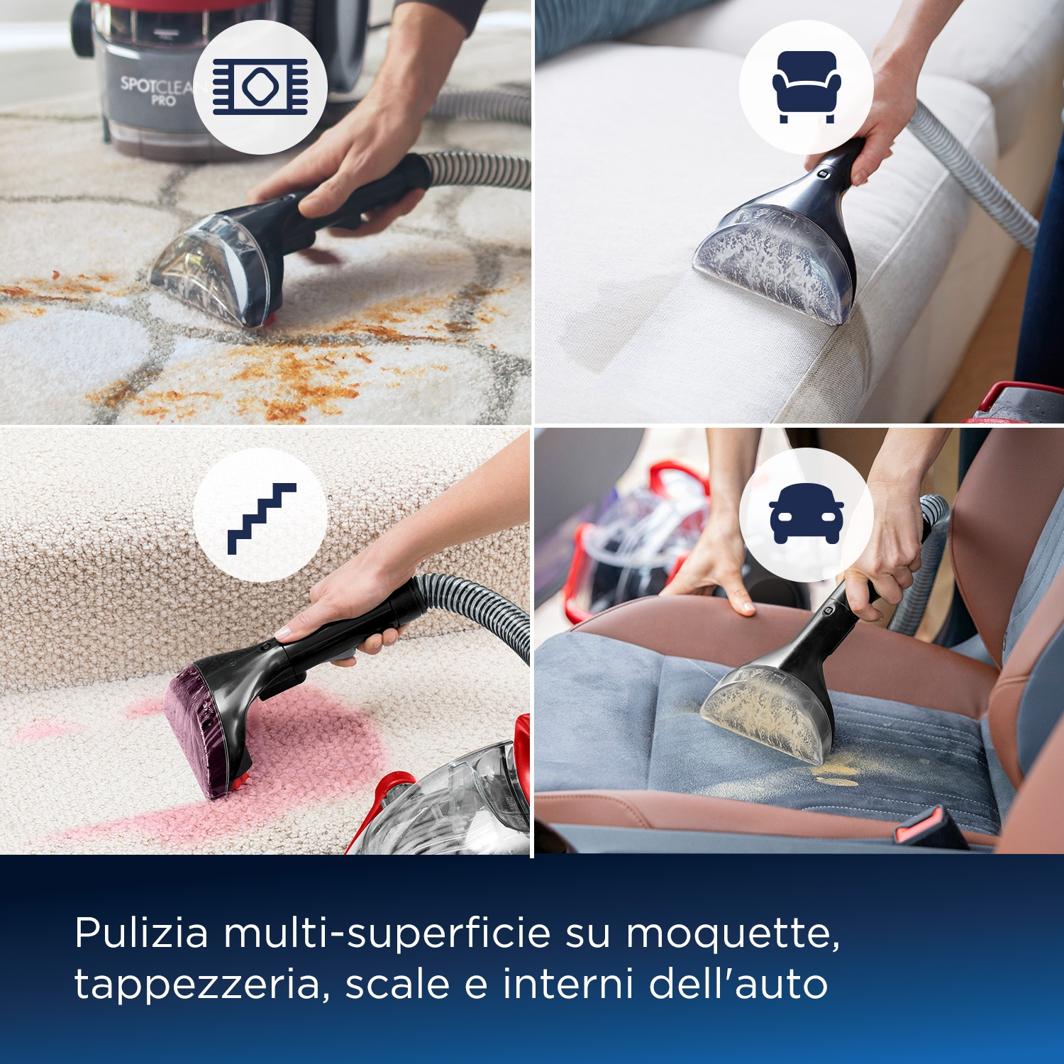 Quattro immagini mostrano la pulizia di tappeto, divano, scale e sedili auto.