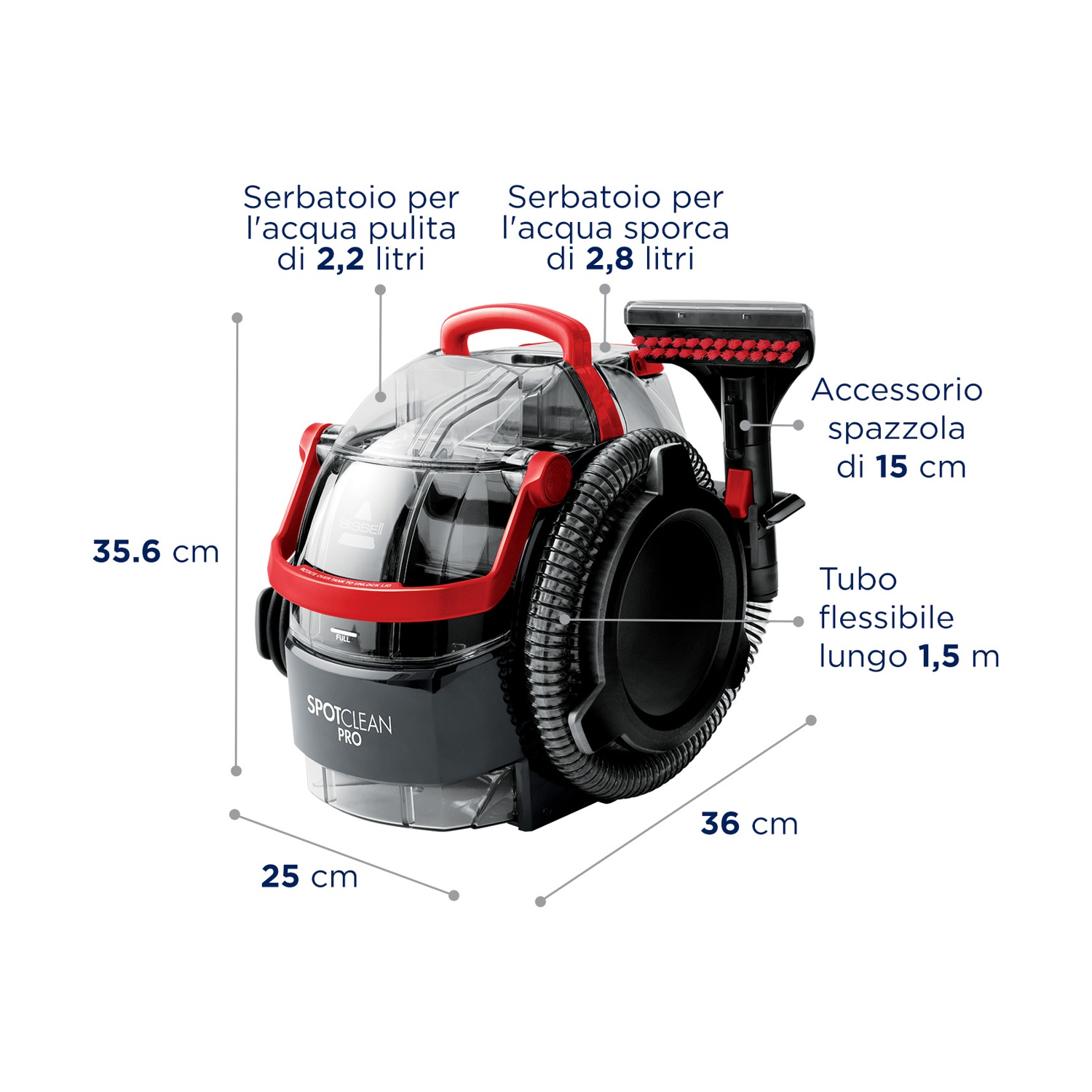 Un pulitore portatile con accenti rossi e neri, mostrato con misurazioni.