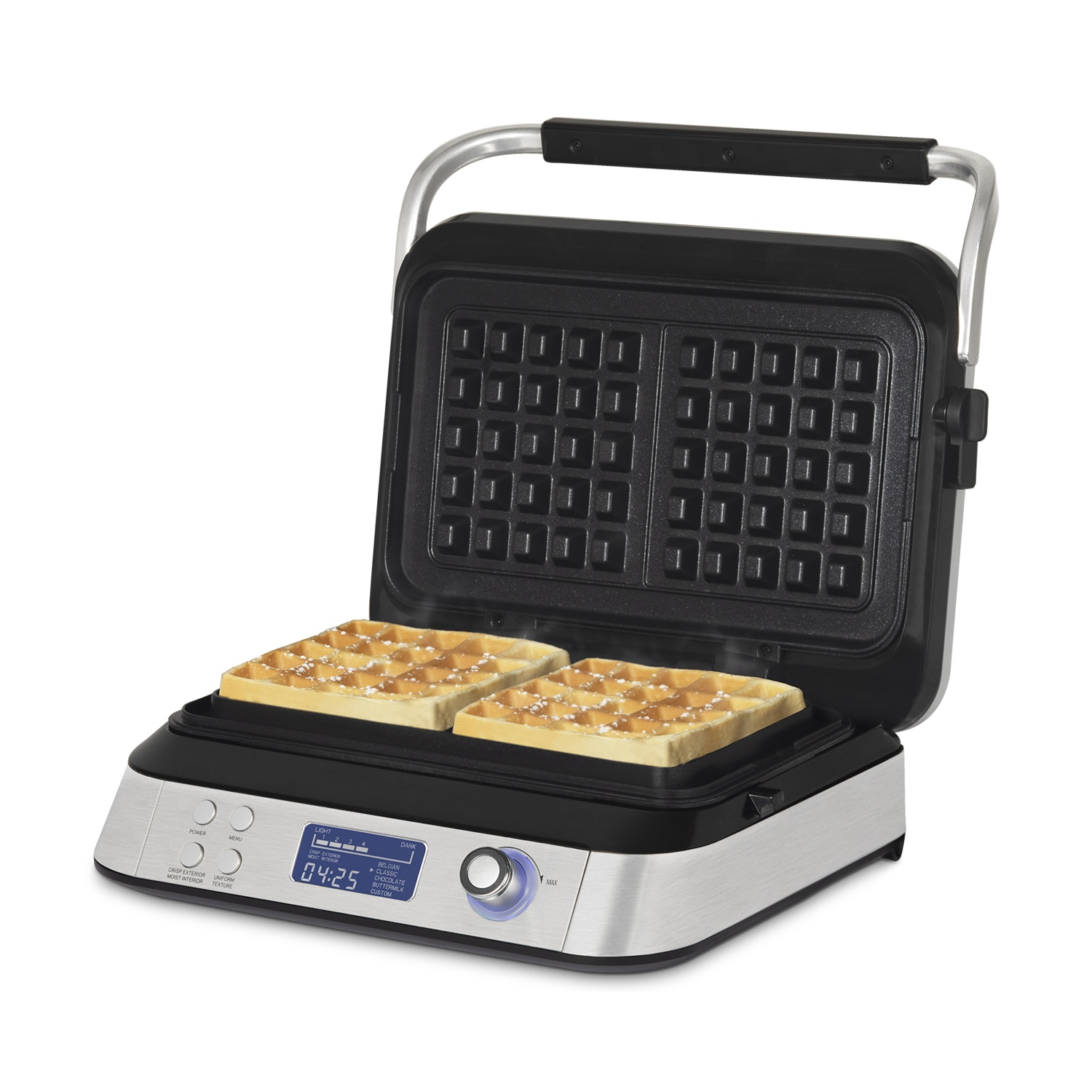 Una piastra per waffle aperta con due waffle dorati e zucchero.