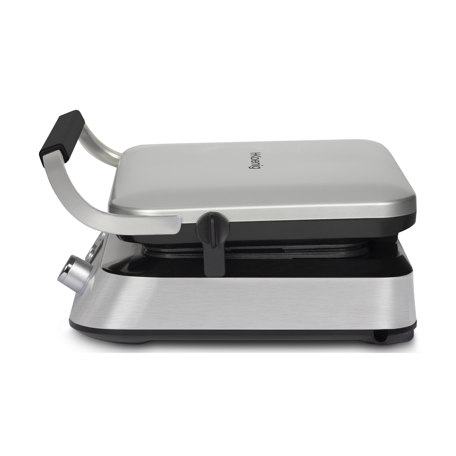 Grill a contatto argentato con manico nero, su sfondo bianco.