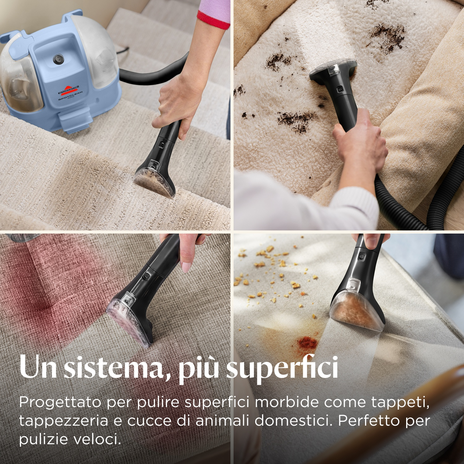 Un sistema pulisce tappeti, tappezzeria e cucce per animali.