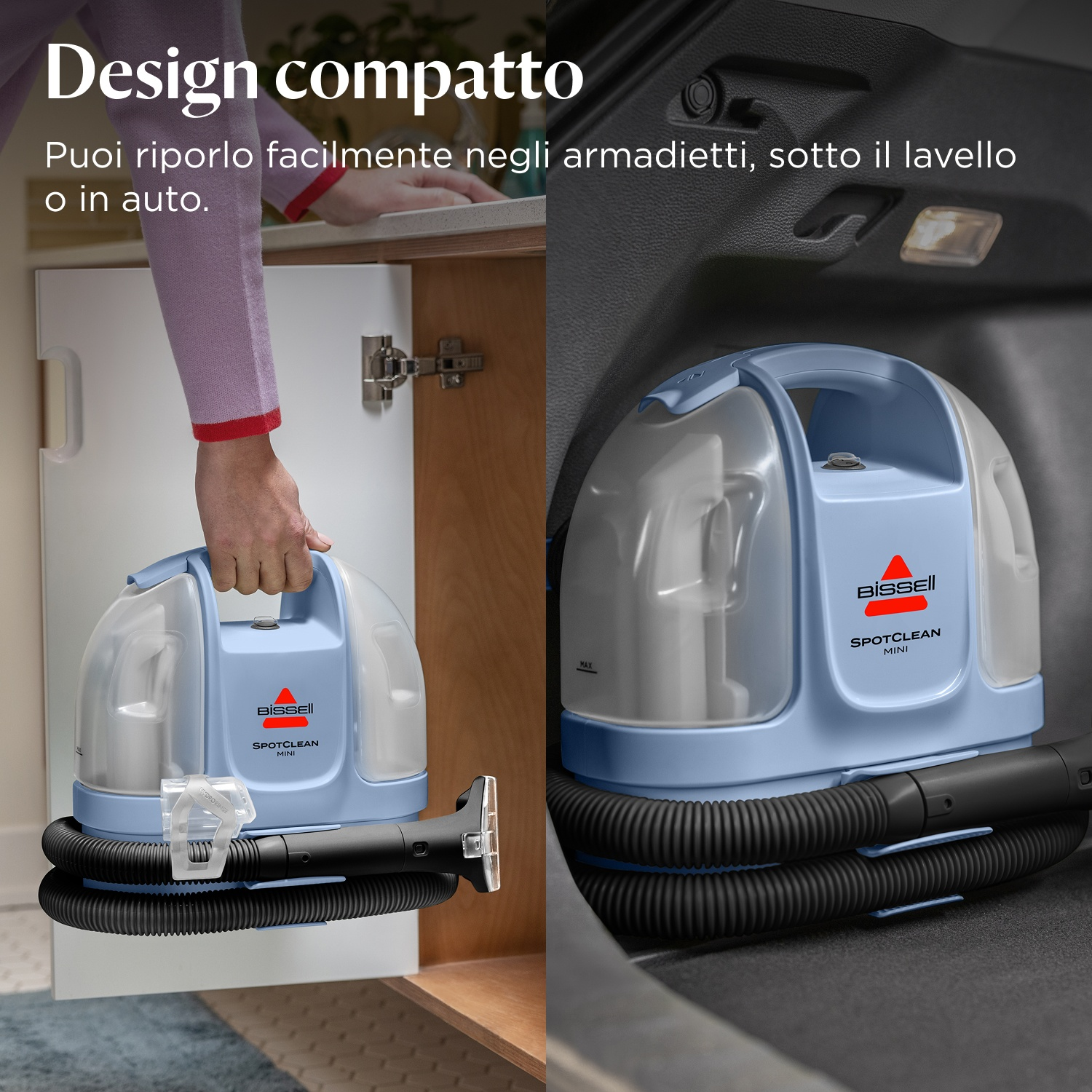 Un pulitore Bissell SpotClean Mini blu e grigio viene mostrato riposto in un'auto.