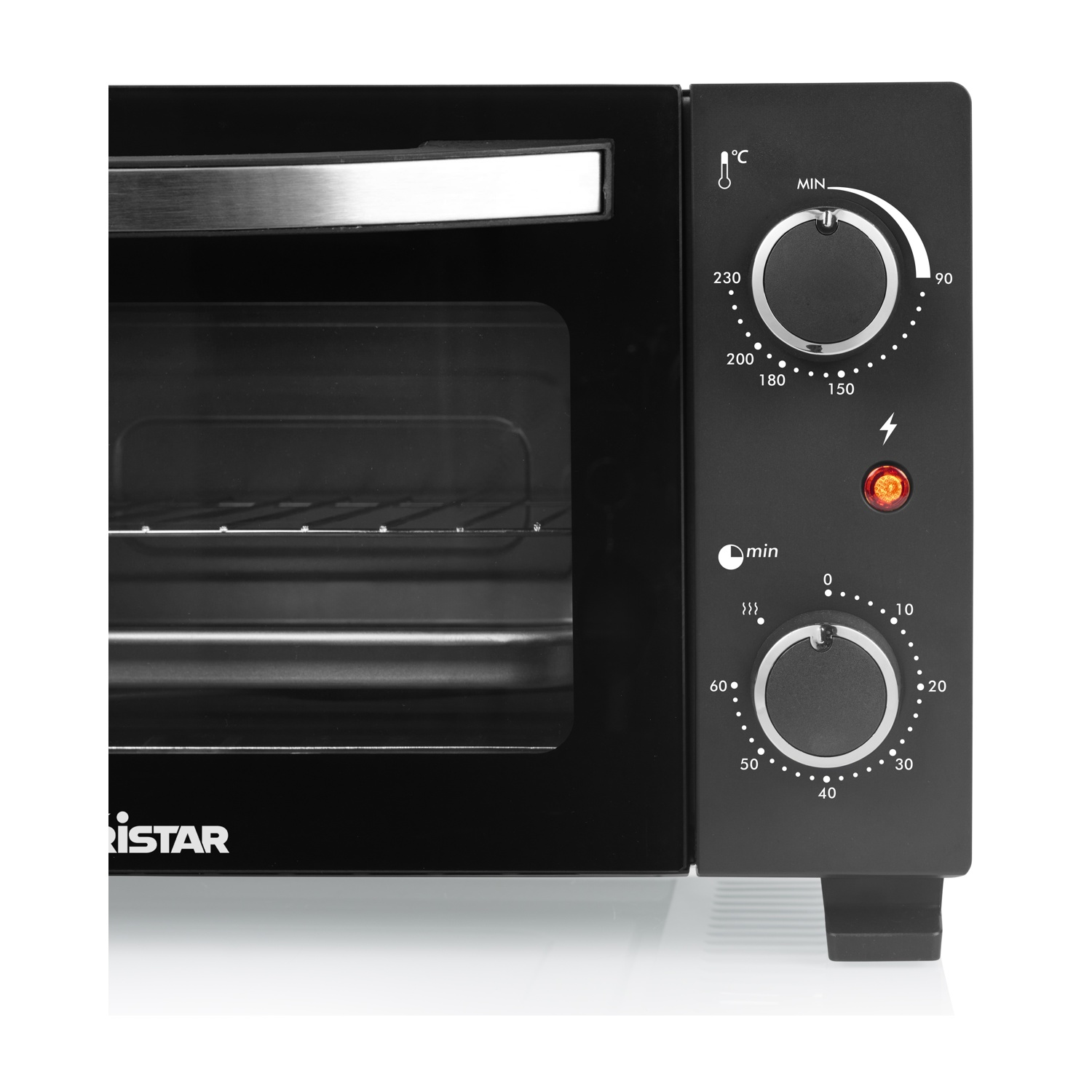 Un forno da banco nero con due manopole e un pulsante illuminato.