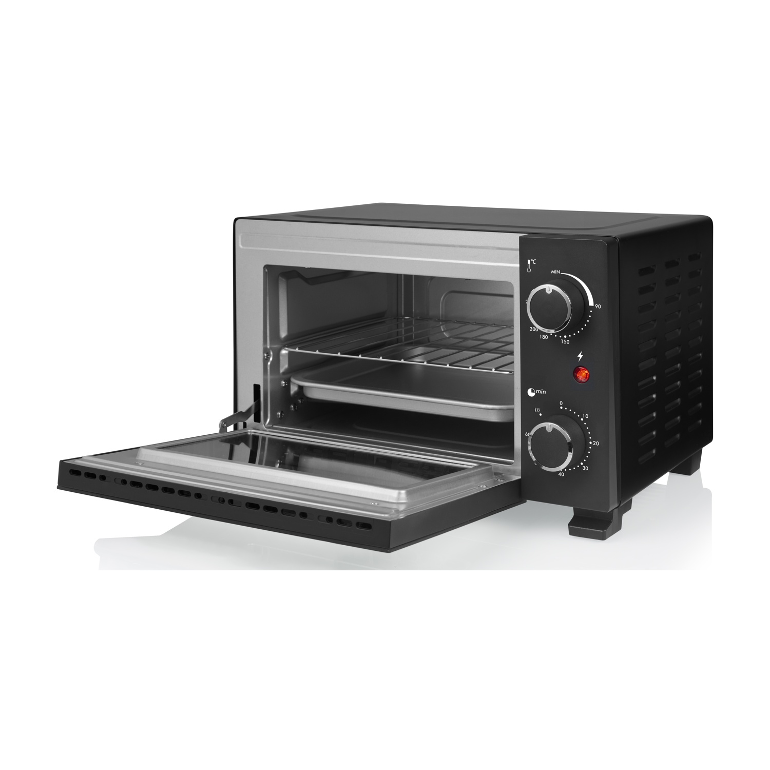Forno nero da banco con porta aperta che mostra interno e griglia. Sfondo bianco.