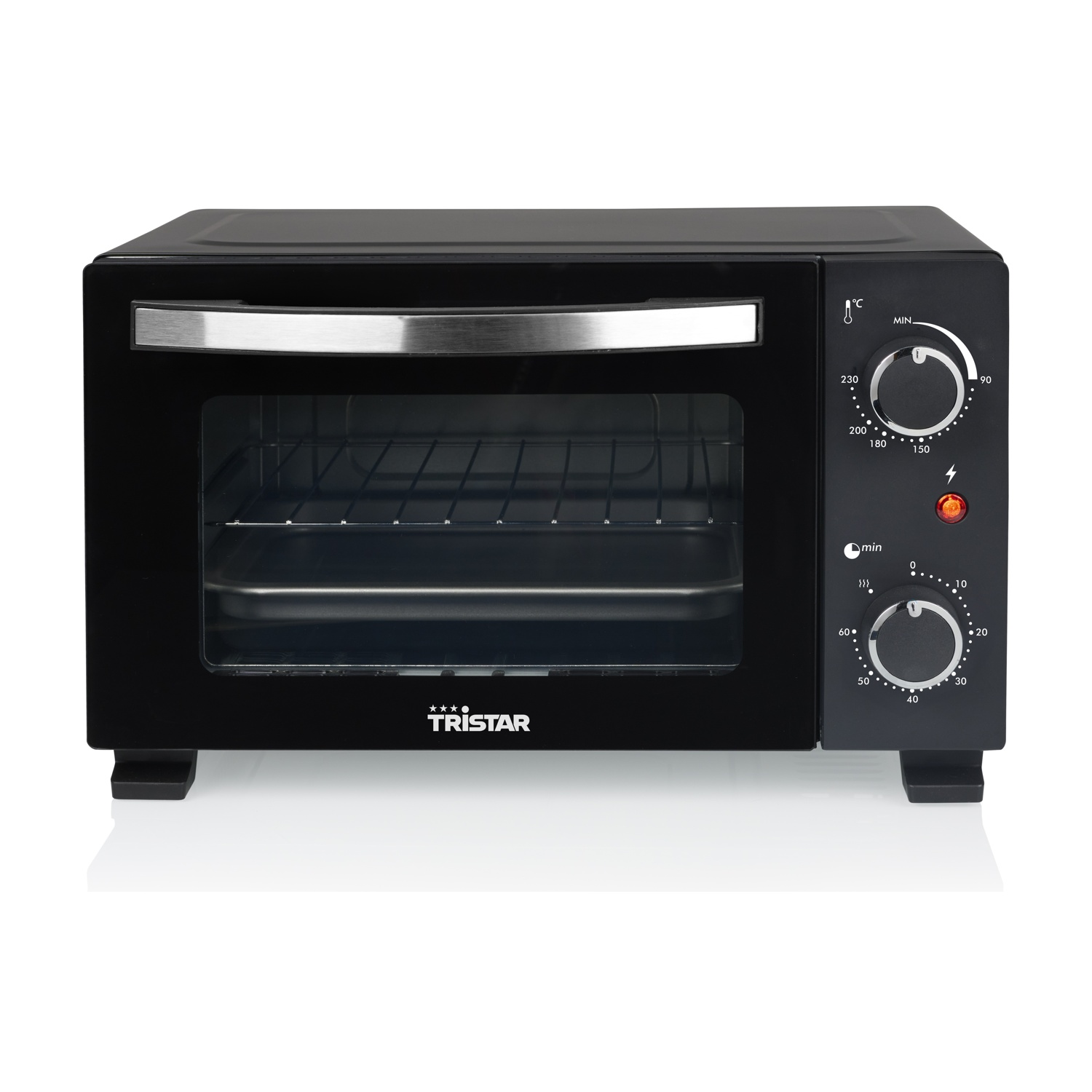 Forno nero da banco con maniglia argentata e manopole.