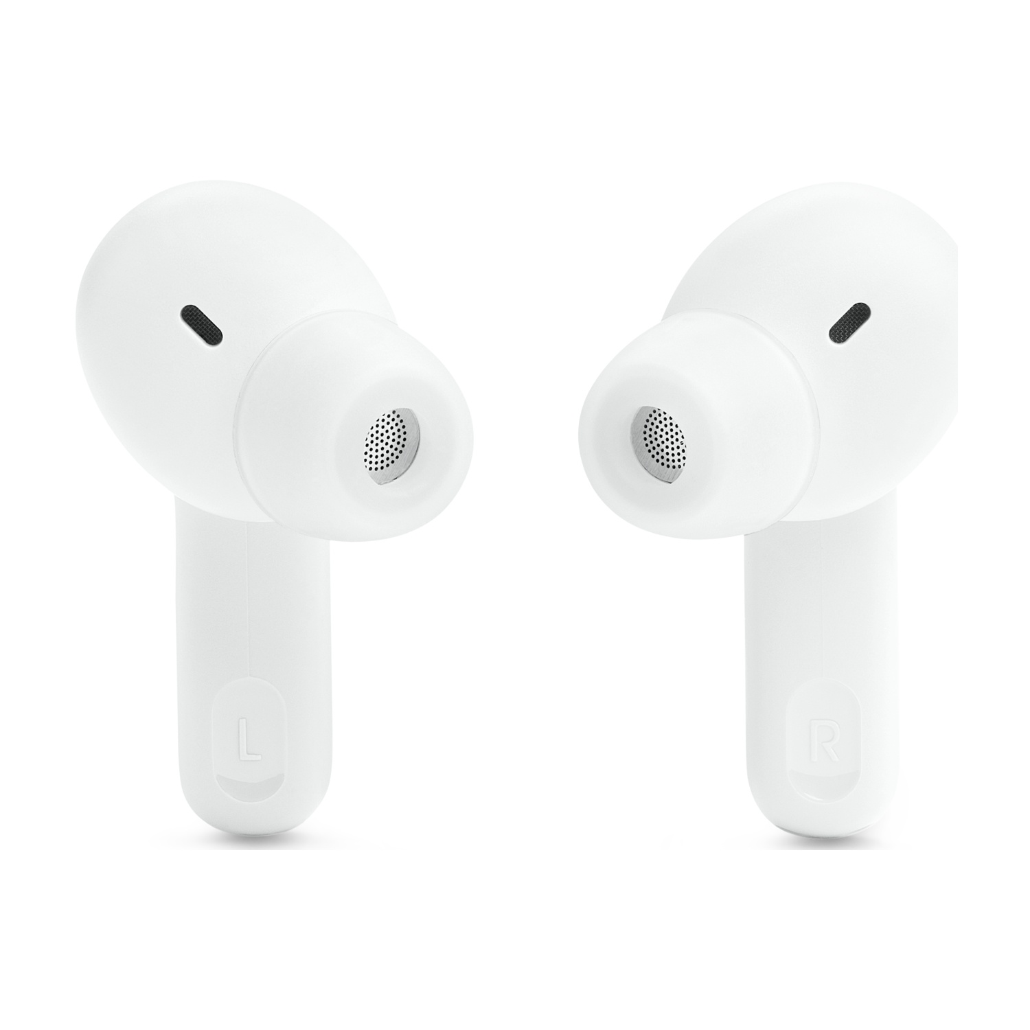 Due auricolari wireless bianchi con marchi L e R su sfondo bianco.