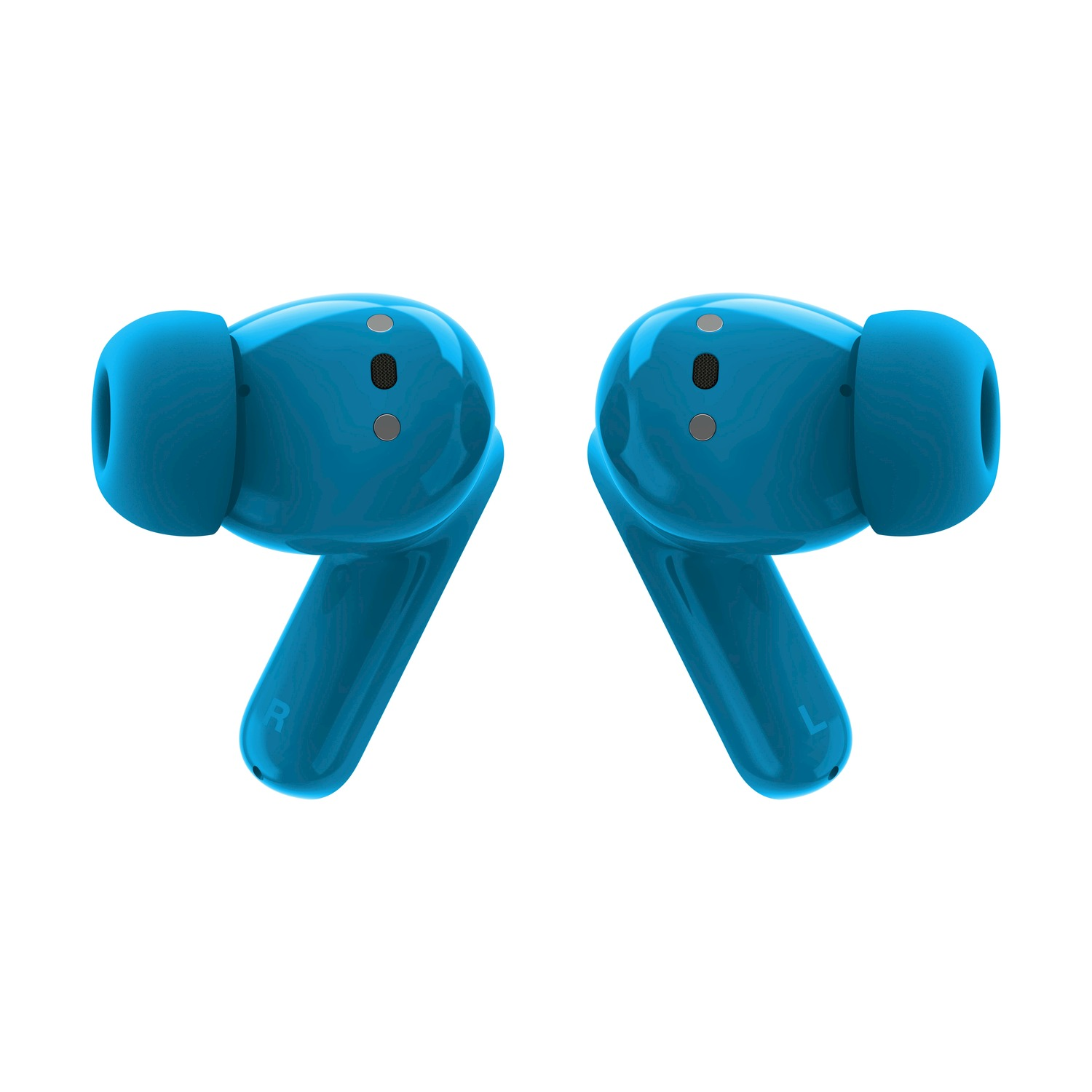 Due auricolari wireless blu con segni L e R su sfondo bianco.