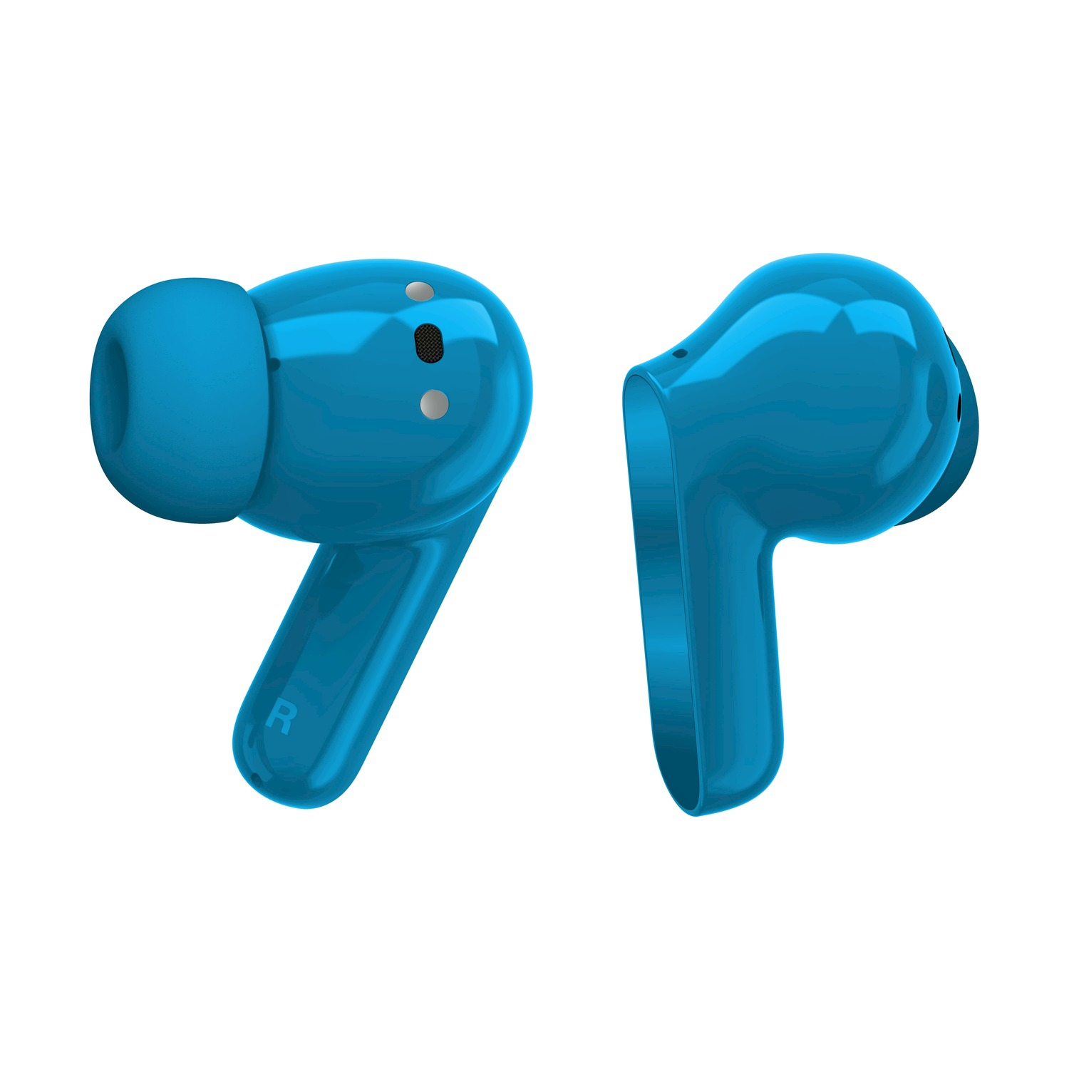 Due auricolari wireless blu brillante sono mostrati su sfondo bianco. L'auricolare sinistro mostra una R per destra.