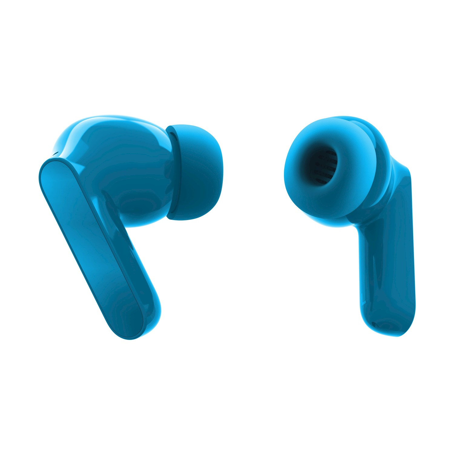 Due auricolari wireless blu su sfondo bianco.