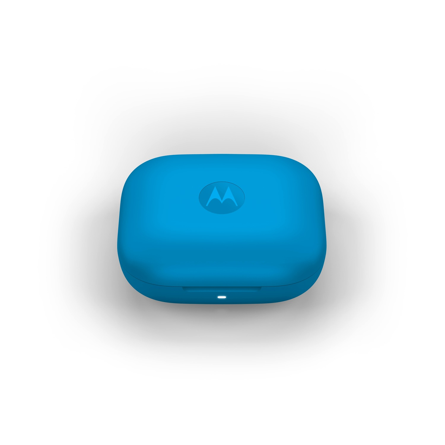 Una custodia blu per auricolari Motorola con una striscia LED luminosa.