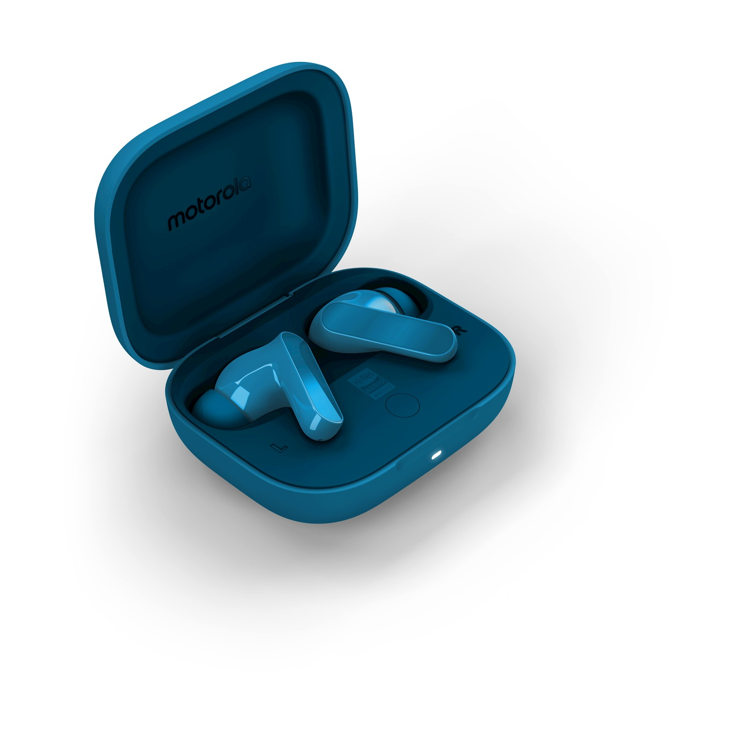 Auricolari Motorola blu in custodia di ricarica aperta. Marchiati sx e dx.