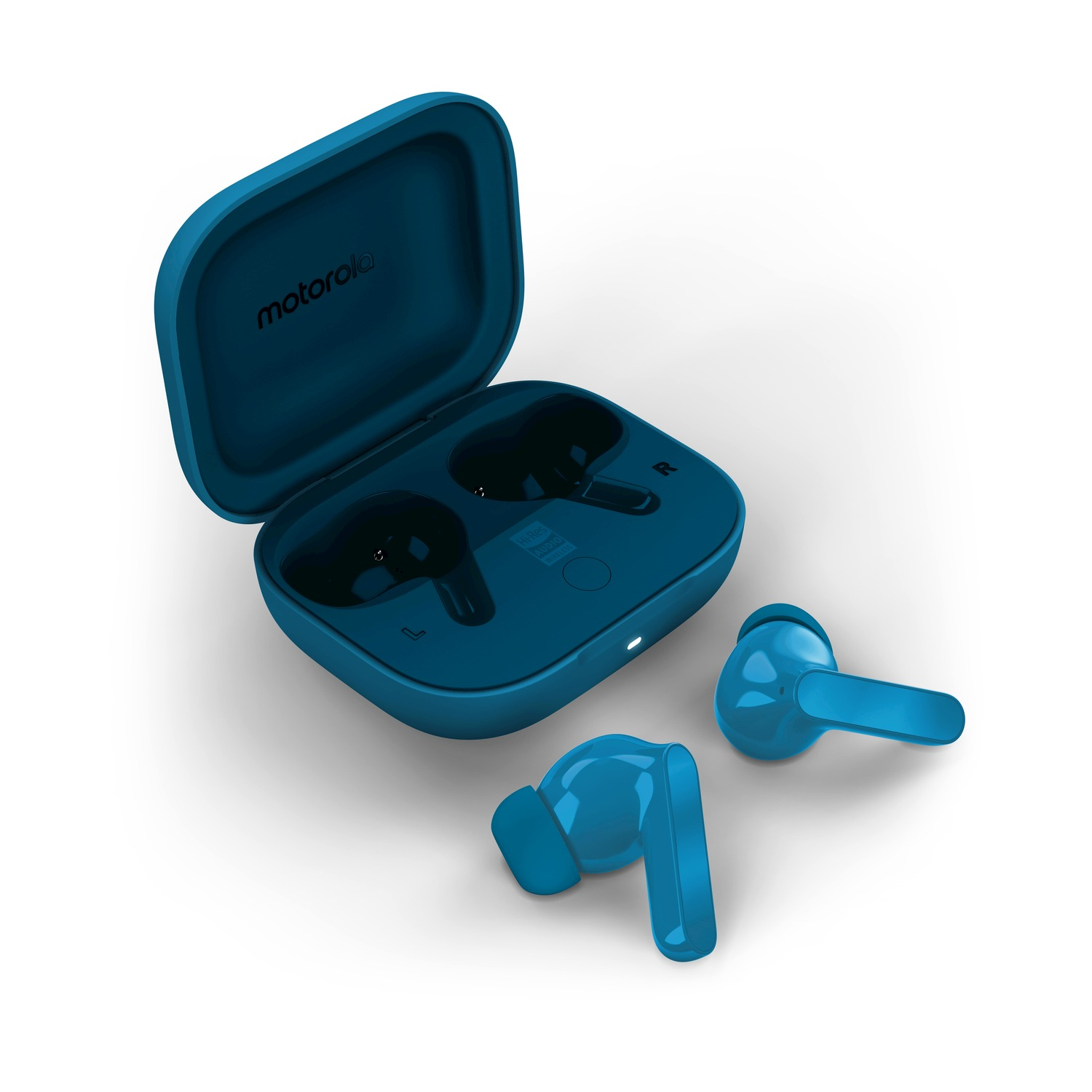 Auricolari Motorola blu in una custodia di ricarica aperta, con due auricolari accanto.