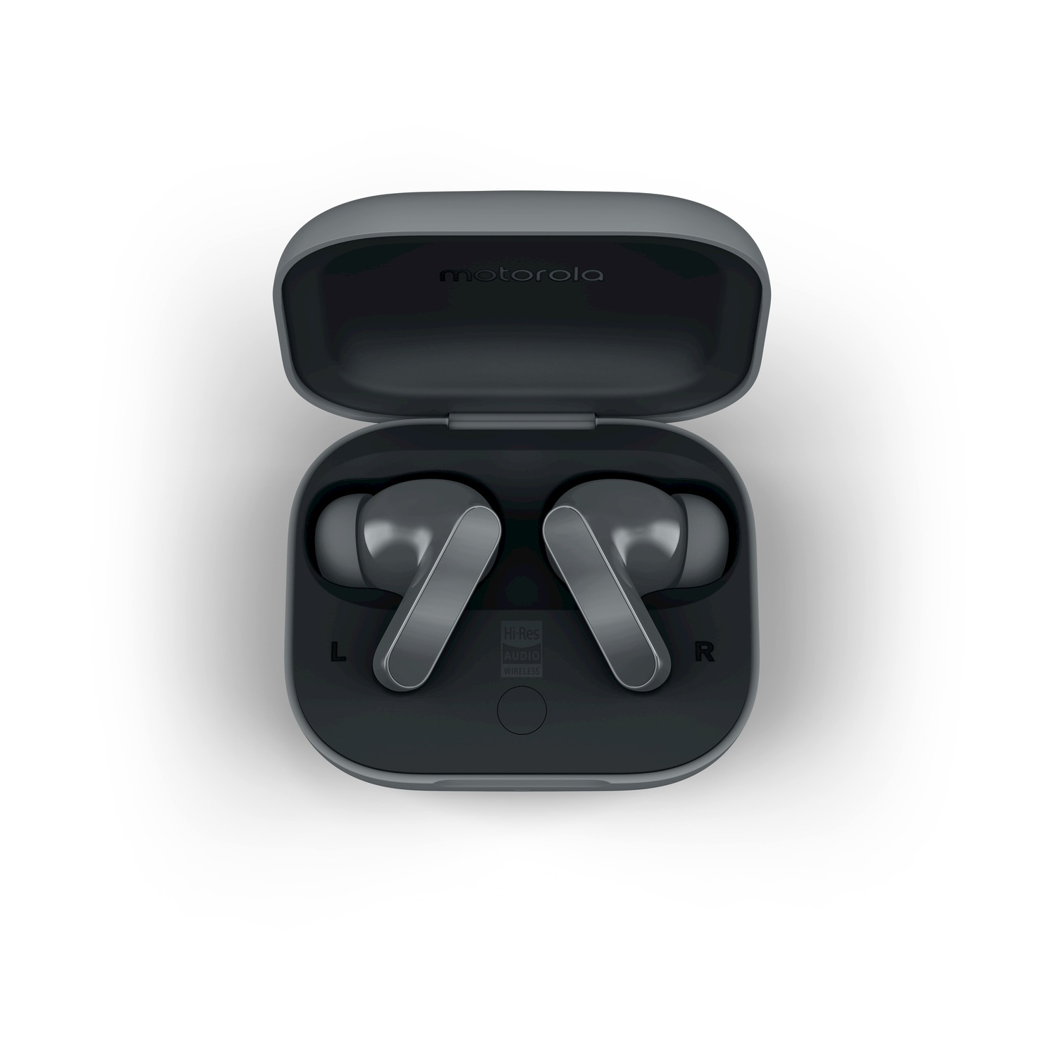 Auricolari wireless Motorola in custodia di ricarica grigio scuro. Gemelli sinistro e destro visibili.