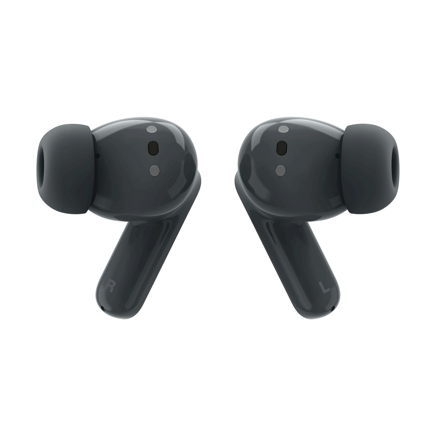 Due auricolari wireless scuri, sinistro e destro, su sfondo bianco.
