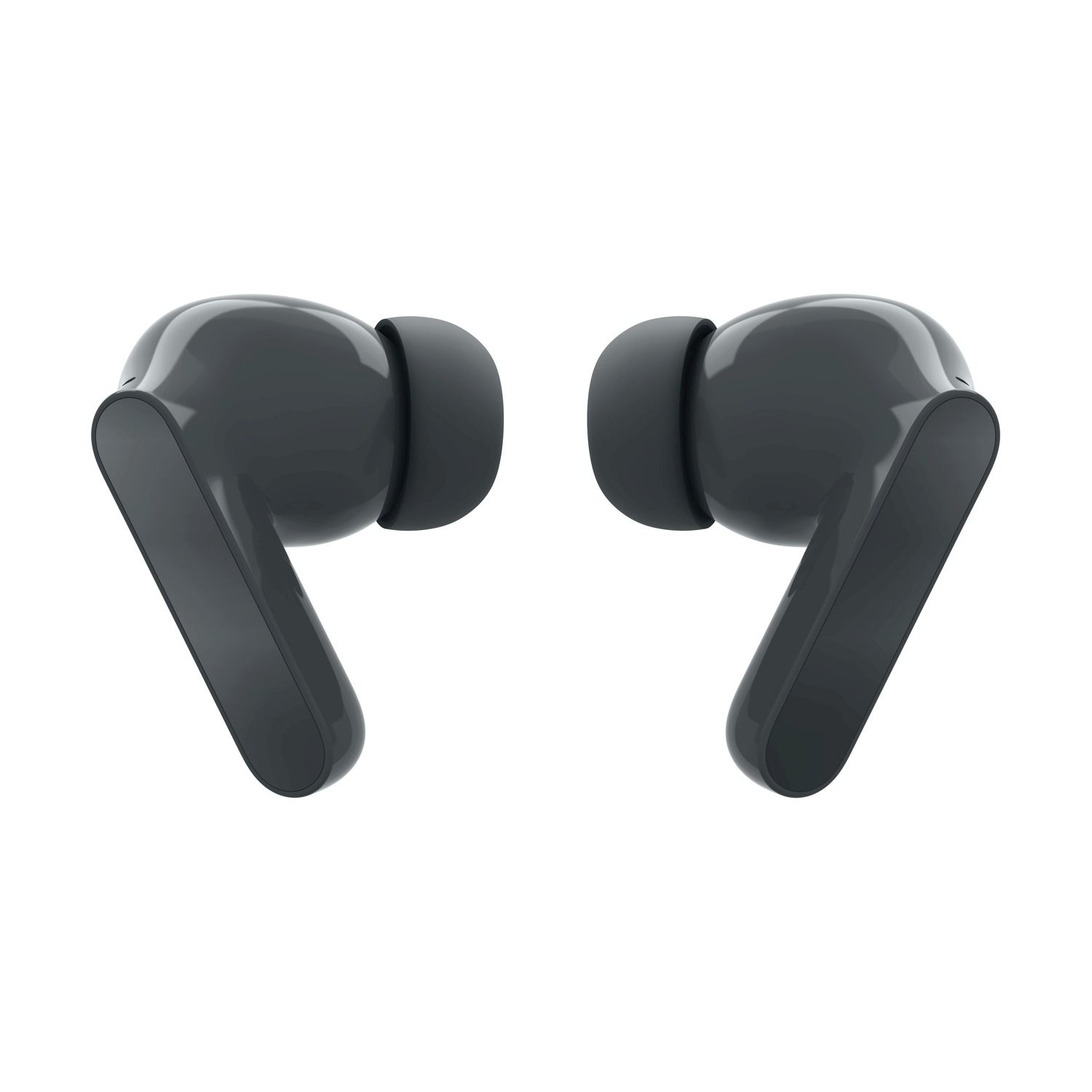 Due auricolari wireless scuri su sfondo bianco.
