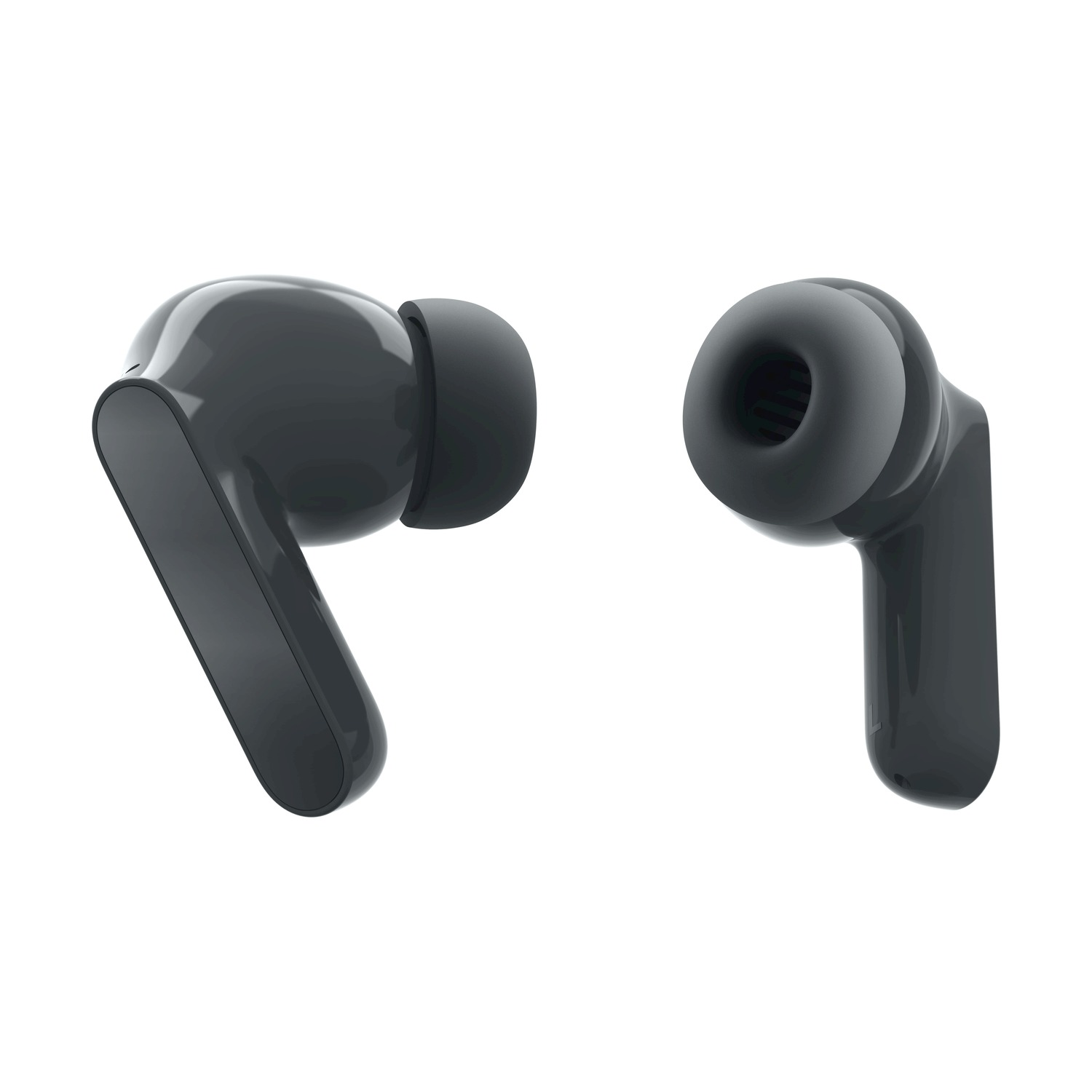 Due auricolari wireless grigio scuro sono esposti su sfondo bianco.