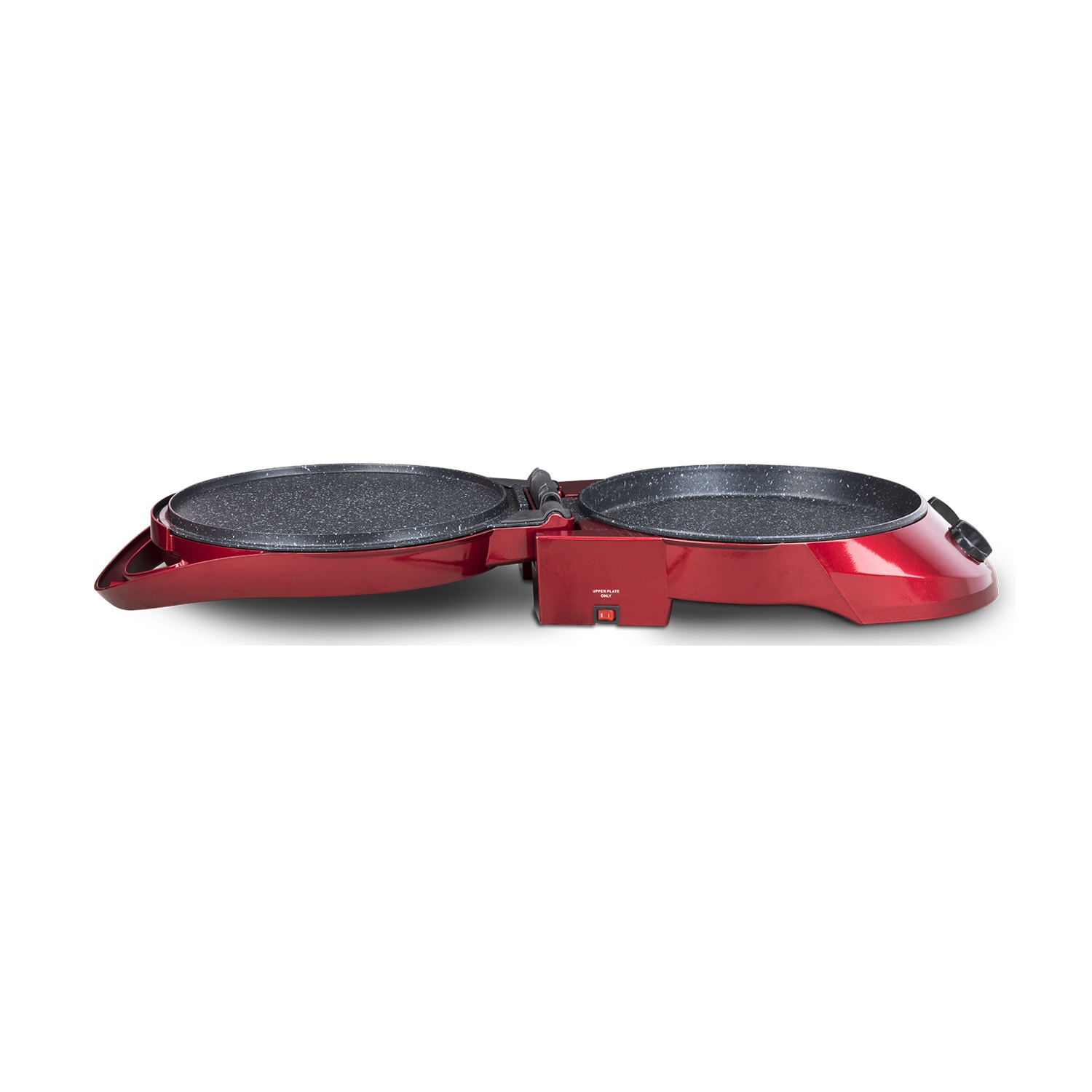Grill rosso a doppio contatto con due piastre riscaldanti rotonde.