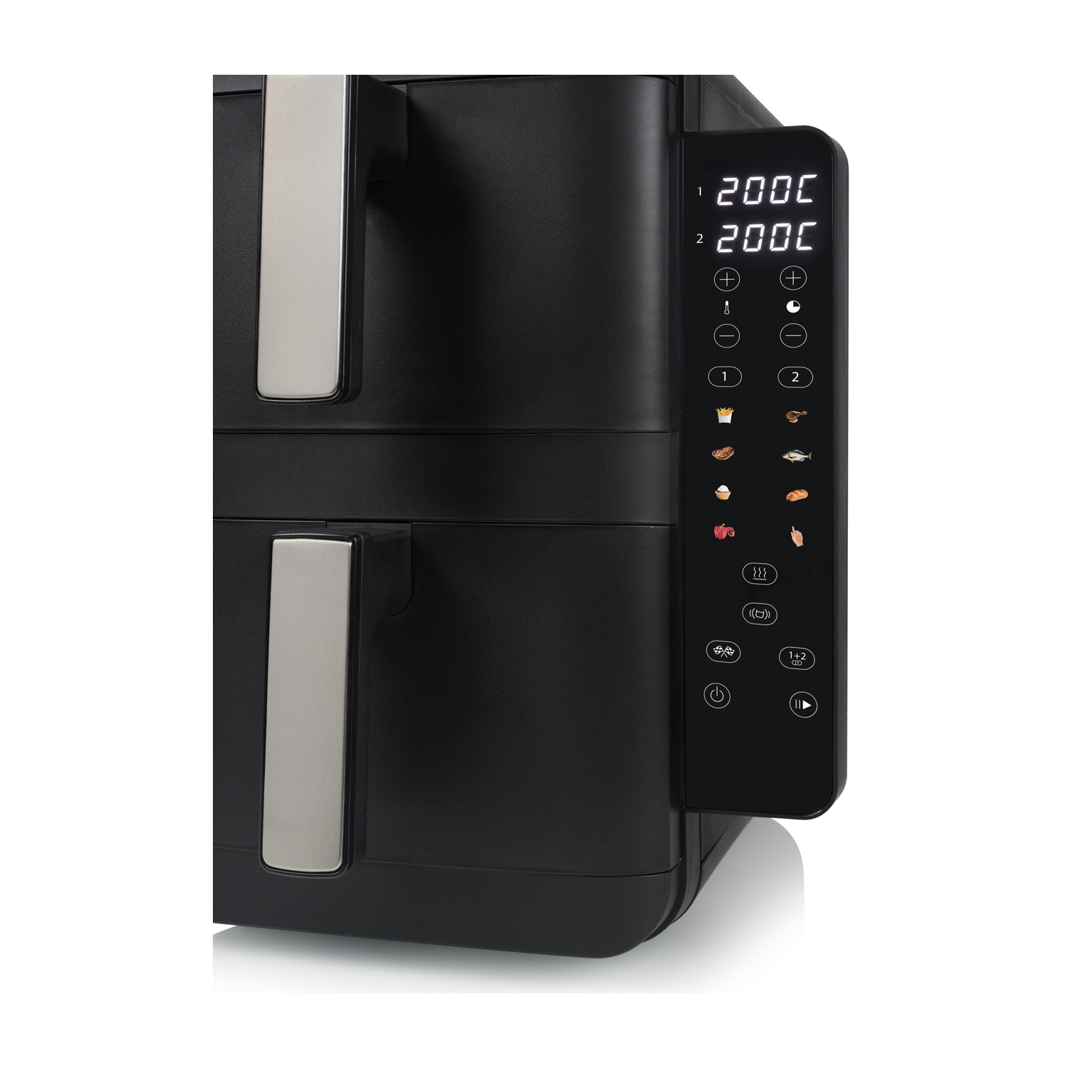 Friggitrice ad aria nera con pannello digitale e cassetti doppi.