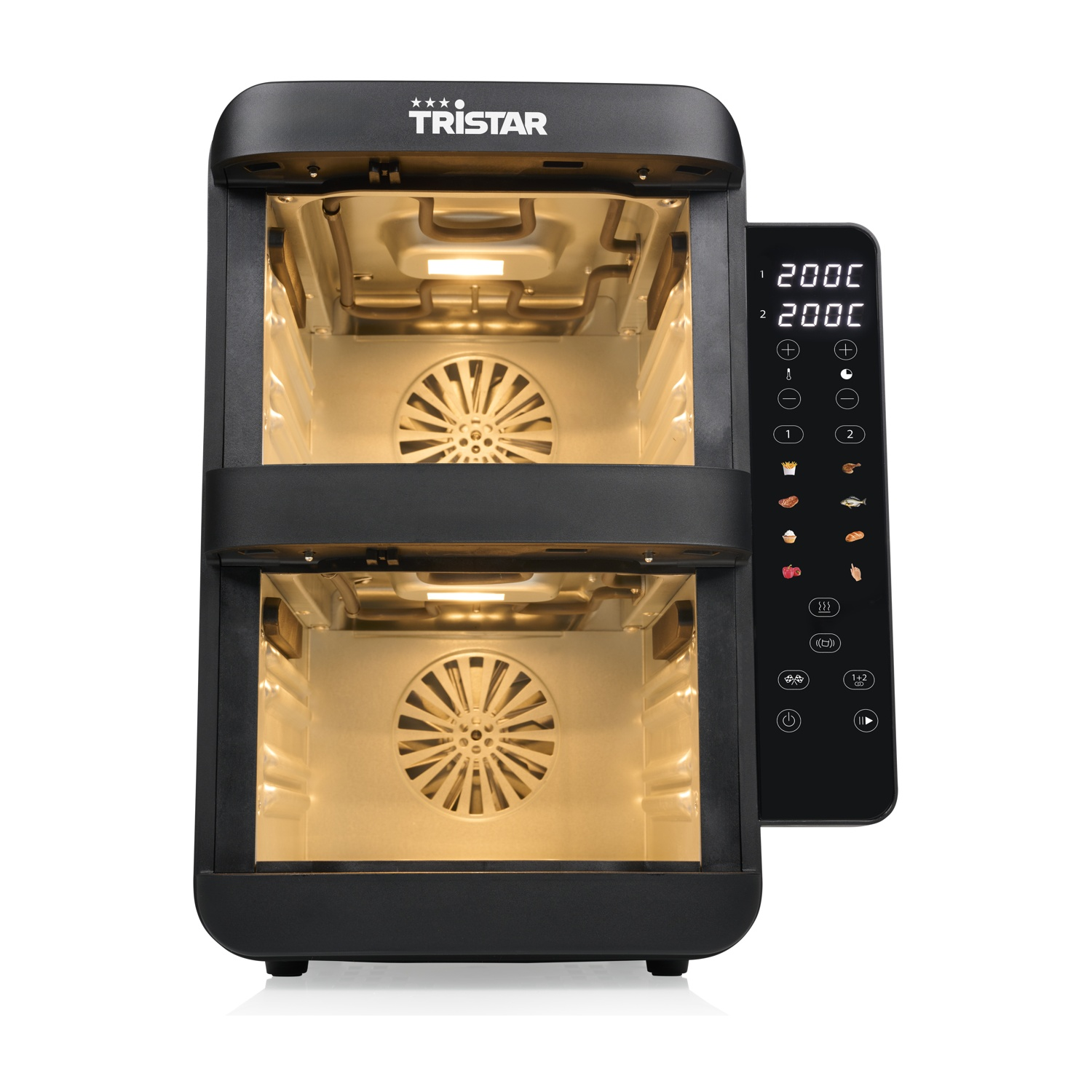 Un forno friggitrice ad aria Tristar nero a doppia camera con pannello di controllo digitale.